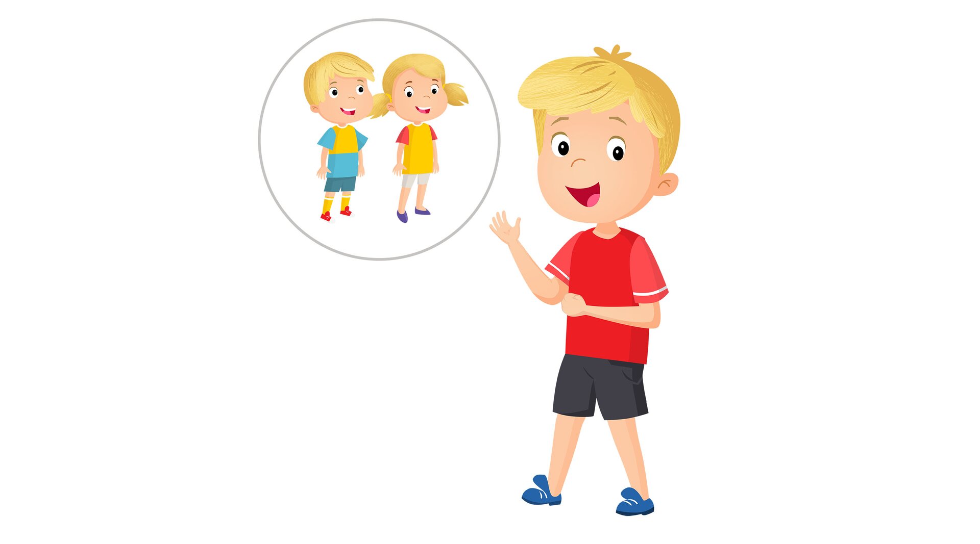 Na ilustracji znajduje się chłopiec wskazujący na swoje rodzeństwo.