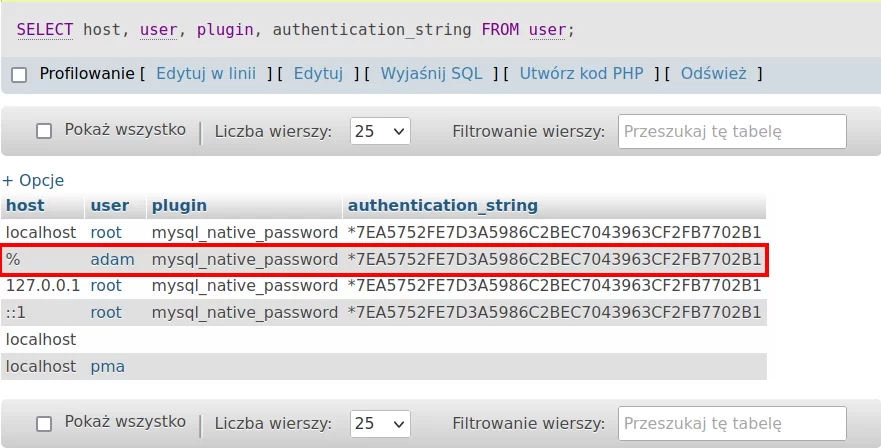 Ilustracja przedstawia okno, w którym wybrano: host - %, user - adam, plugin - mysql_native_password, authentication_string - tu wpisano kombinację liter i cyfr.