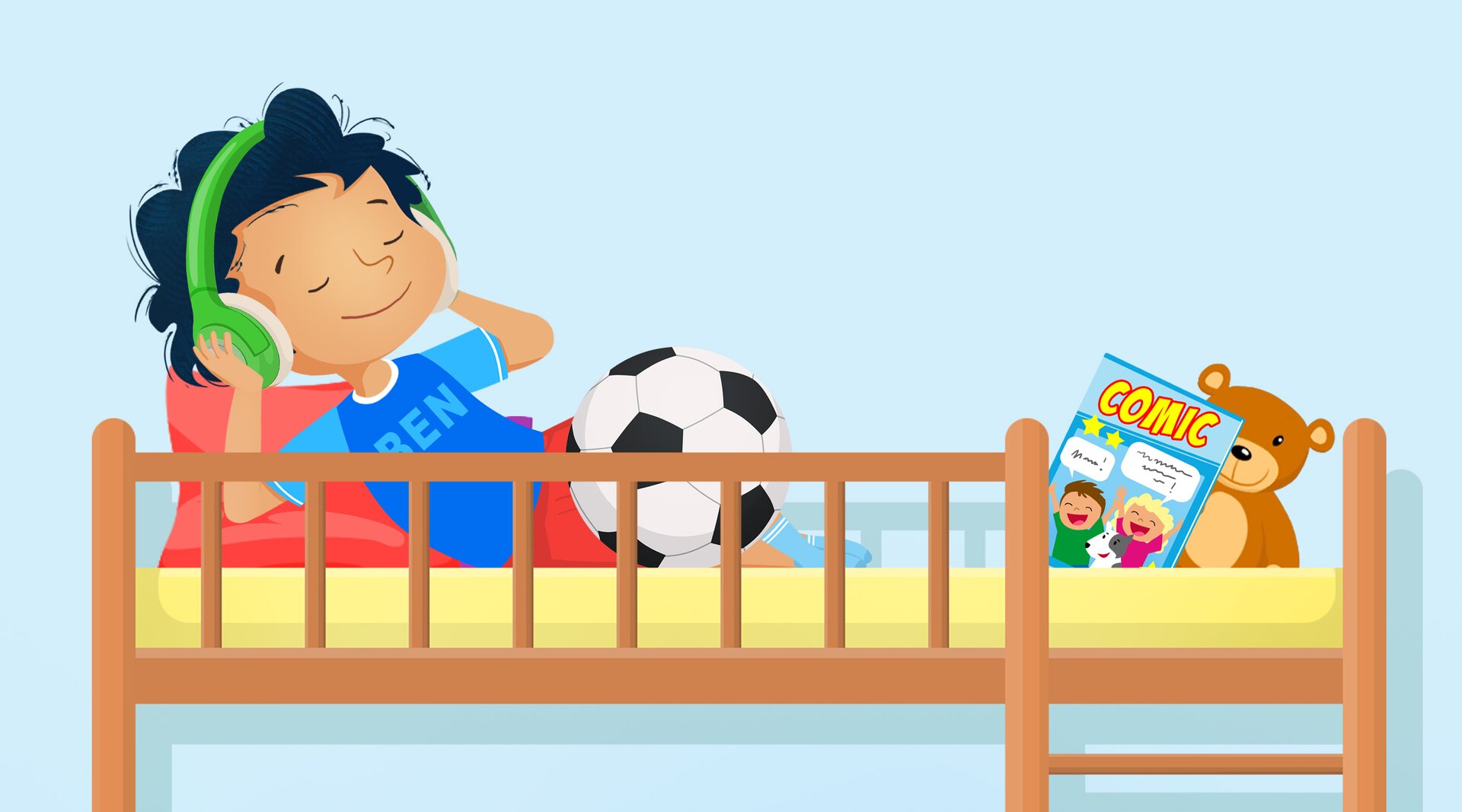 Ilustracja przedstawia chłopca leżącego i słuchającego muzyki przez słuchawki.