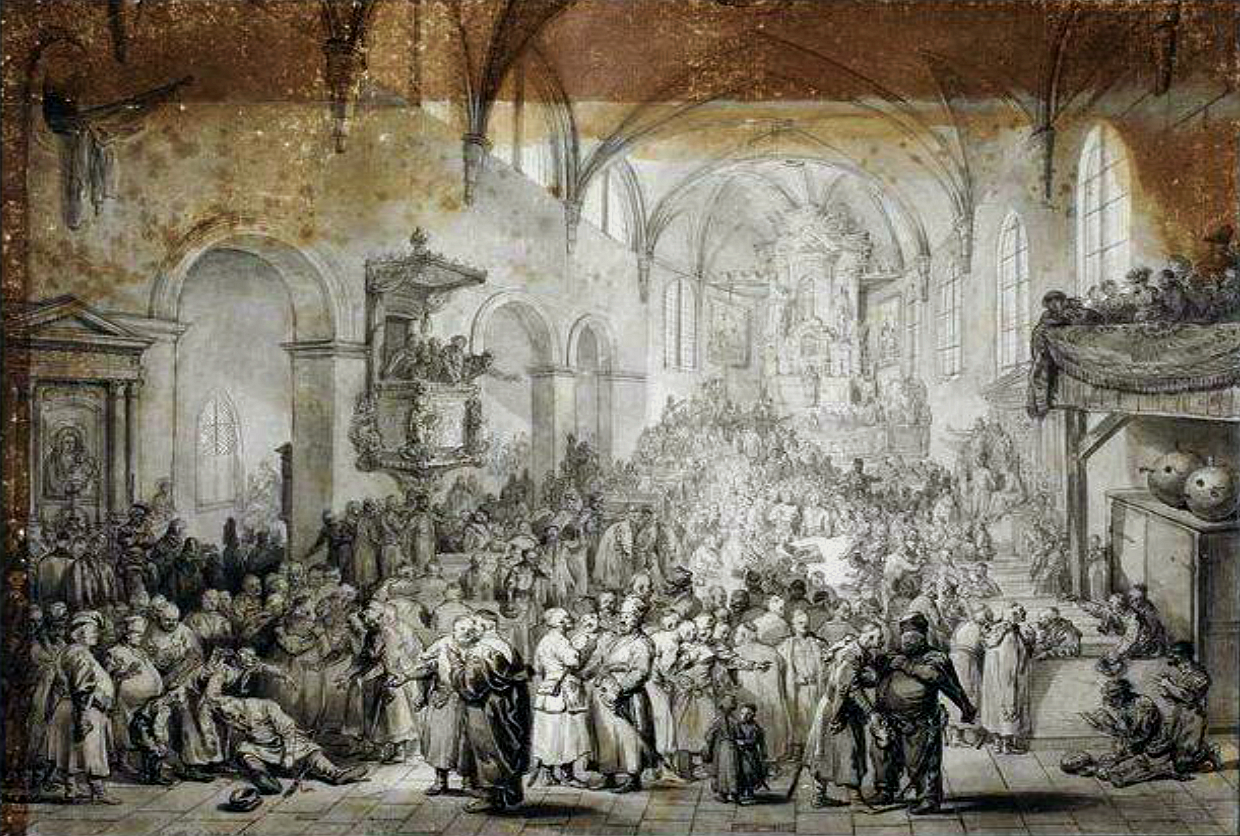Zdjęcie przedstawia wnętrze kościoła, w którym jest wielu szlachciców, którzy dyskutują rozmawiają ze sobą. Na ścianach wiszą obrazy świętych, jest ambona boczna.