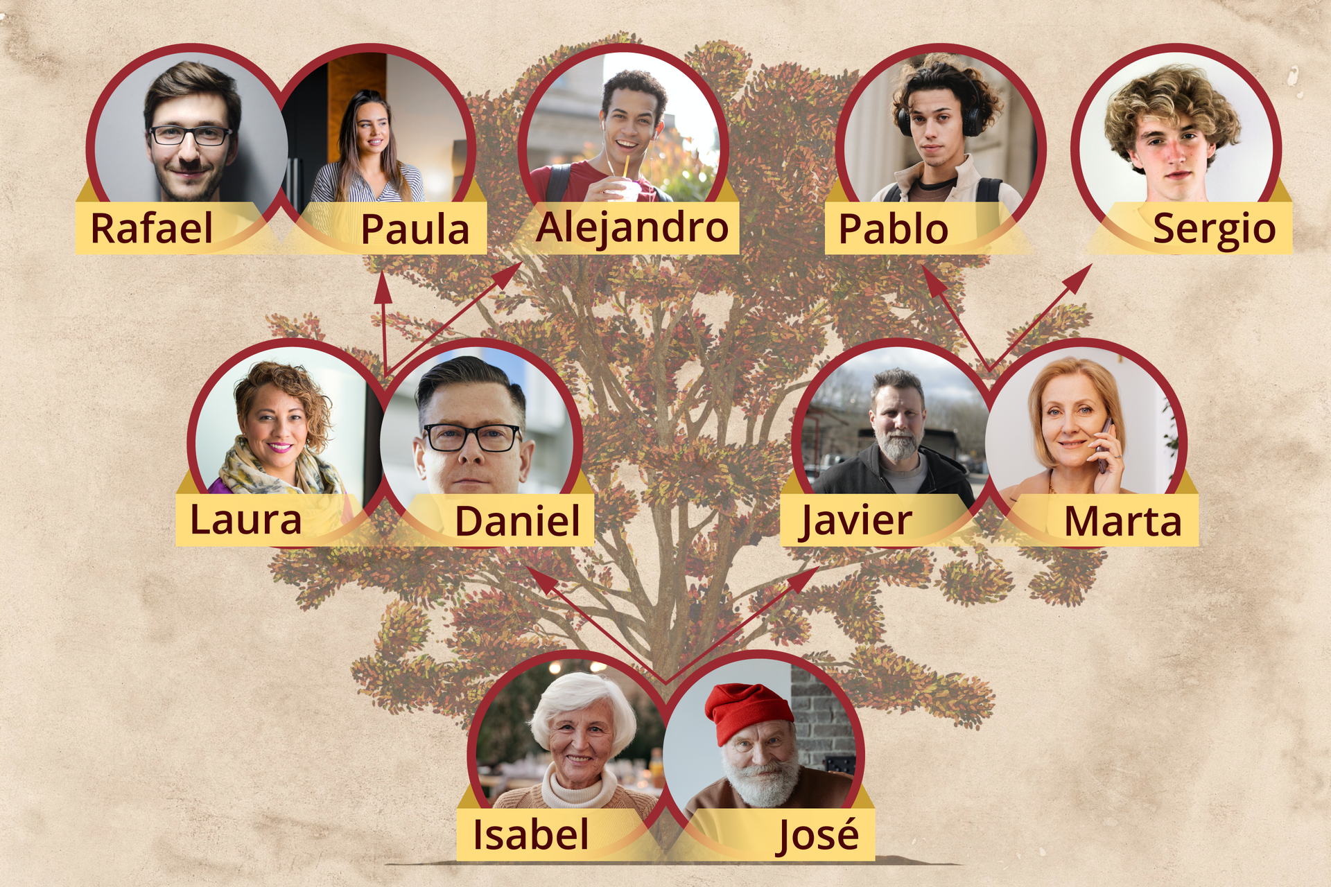 Ilustracja przedstawia drzewo genealogiczne. Na samym dole dziadkowie Isabel i Jose. Strzałka w lewo do góry: Laura i Daniel (osoby w średnim wieku). Strzałka w lewo do góry: Rafael, Paula, Alejandro (młode osoby). Po prawej stronie zaczynając znowu od dziadków - strzałka w prawo do góry: Javier i Maria (starsze osoby). Strzałka w prawo do góry: nastolatkowie Pablo i Sergio.
