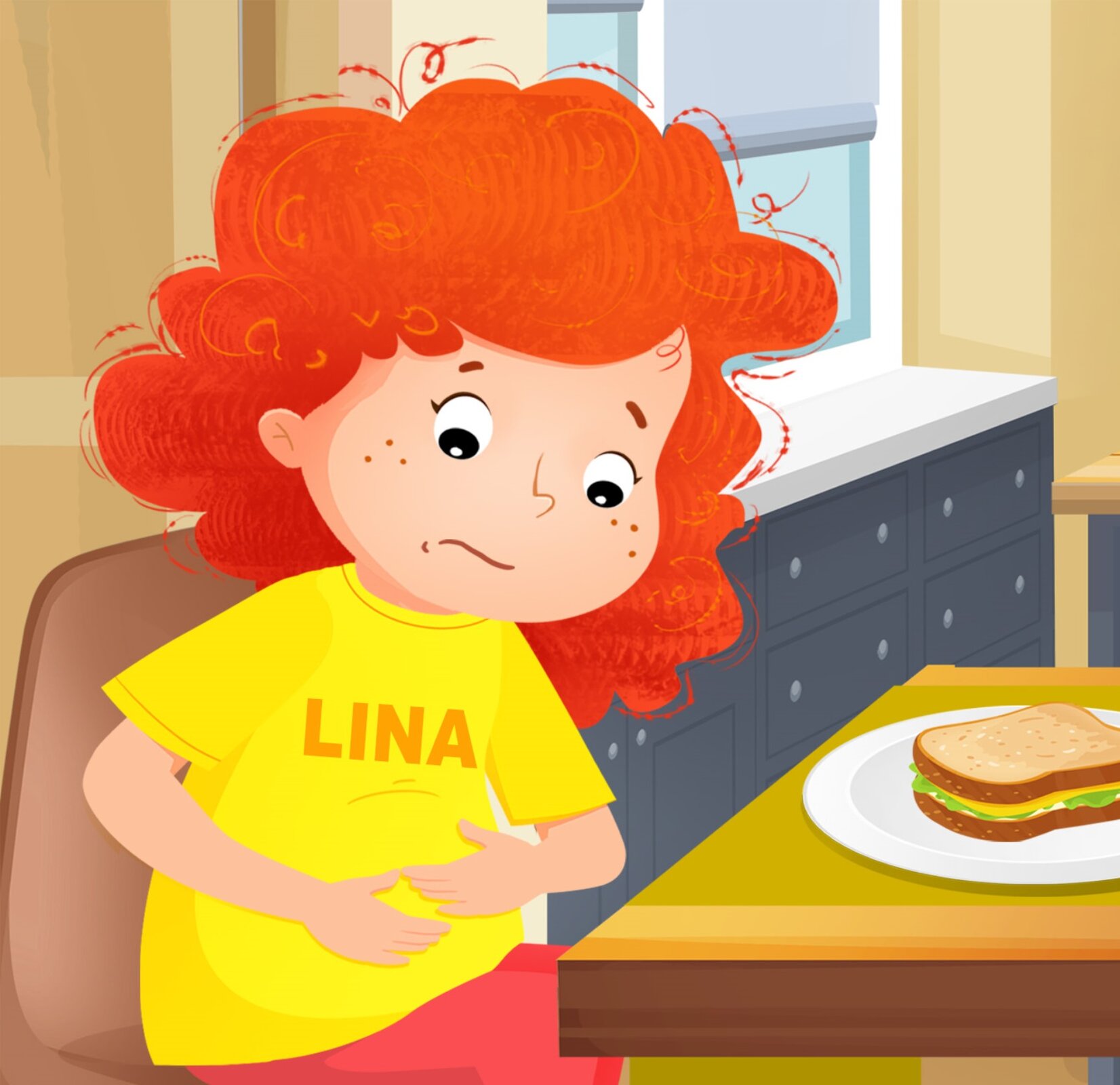 Ilustracja przedstawia Linę. Dziewczynka trzyma się za brzuch.