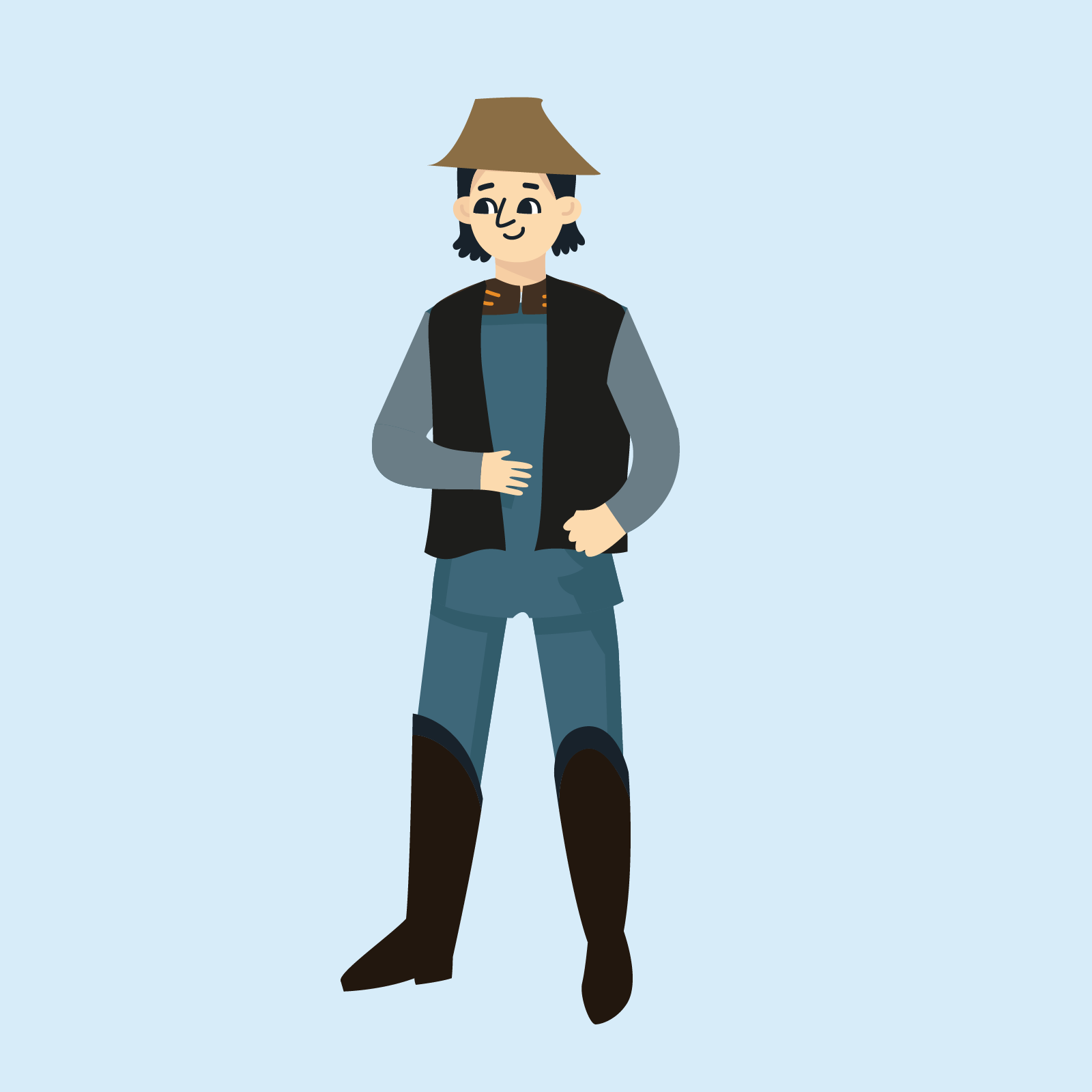 Ilustracja przedstawia szewca ubranego w długie buty za kolano, czapkę na głowie oraz kamizelkę. 