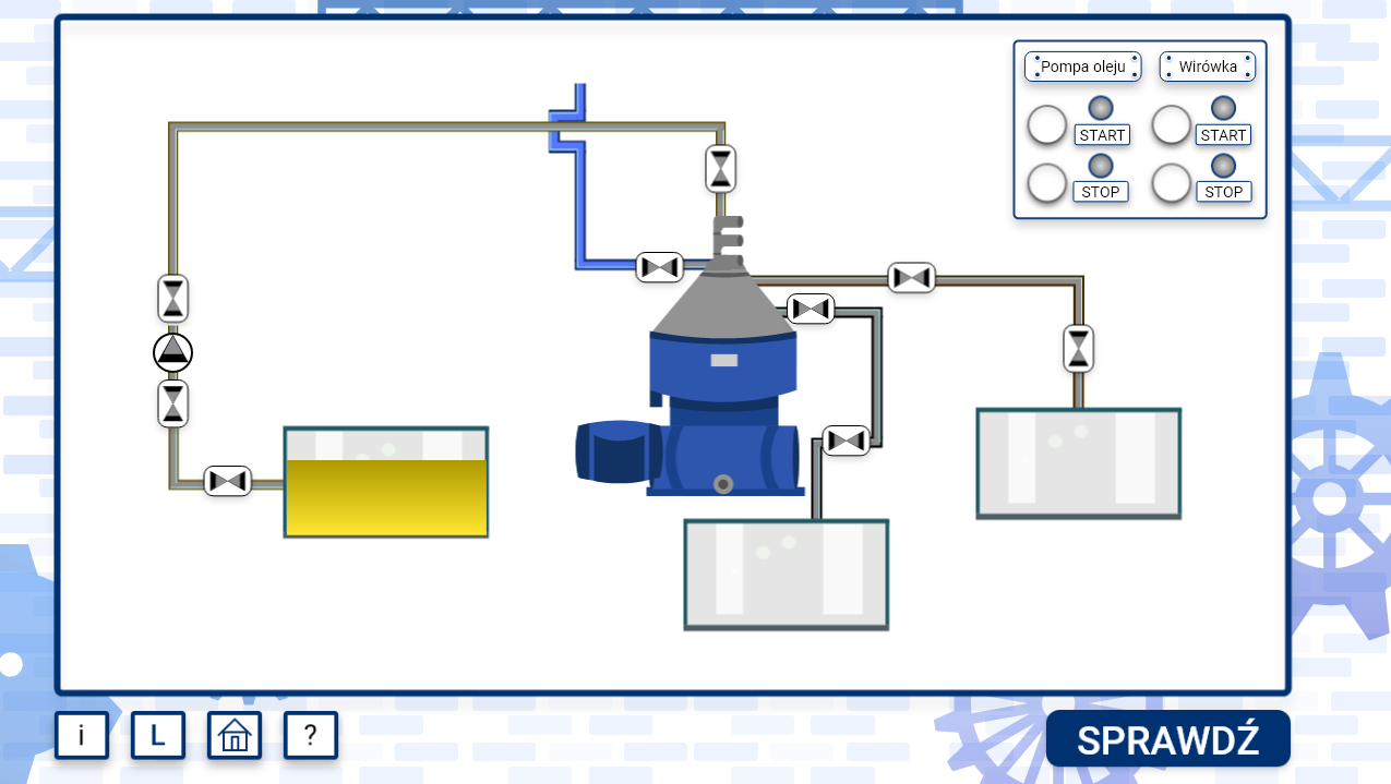 Grafika przedstawia przykładowy ekran instalacji symulatora. Widoczna jest na nim instalacja składająca się z rur, zaworów, pomp i wirówek. Widać też zbiornik na olej, zbiornik rozchodowy i zbiornik osadowy.