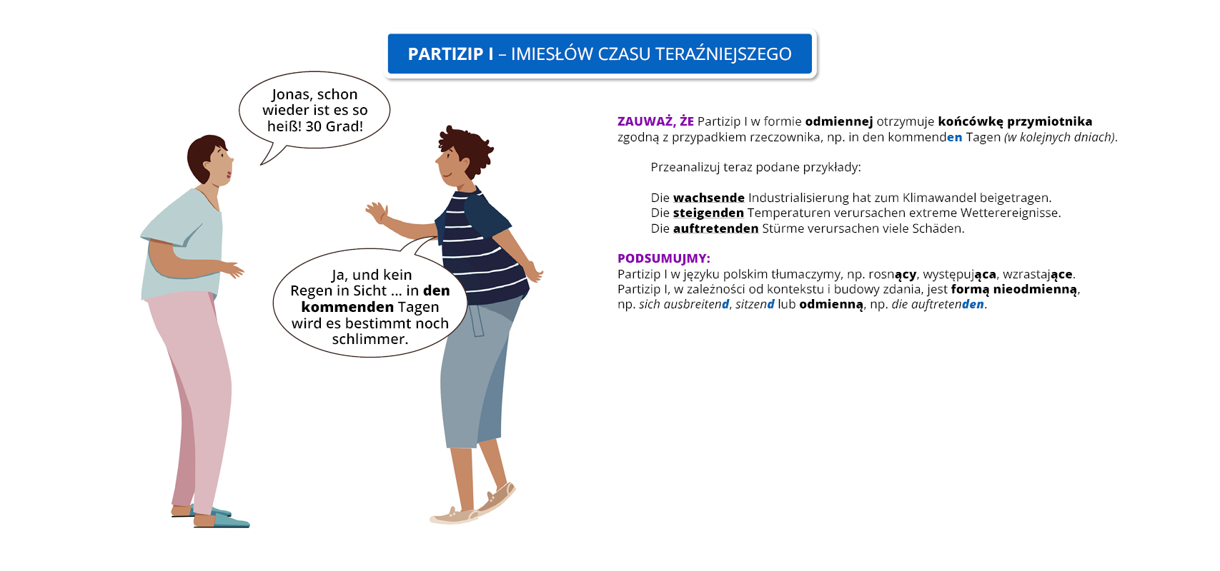 Ilustracja zawiera poradę językową.
Ilustracja o tytule Possessivpronomen I - imiesłów czasu teraźniejszego, przedstawia rozmowę młodych osób. Jedna kobieta ubrana jest w błękitną bluzkę i różowe spodnie, a druga w granatową bluzkę w paski i niebieskie spodnie.
Pozostałą część ilustracji stanowi tekst, którego treść wyświetla się w trybie dostępności.