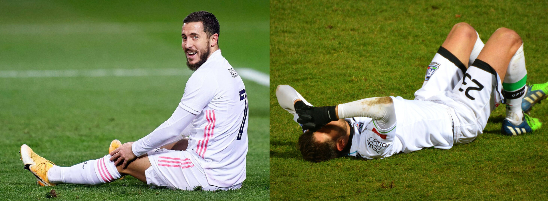 Ilustracja składa się z dwóch zdjęć. Na zdjęciu po lewej stronie widoczny jest piłkarz siedzący na murawie boiska. Jest ubrany w biały strój sportowy: bluzkę z długim rękawem, na którą założona jest koszulka z numerem 7 na plecach, szortów i podkolanówek. Na nogach ma żółte korki piłkarskie. Piłkarz ma wyprostowane nogi i lewą rękę trzyma na lewym kolanie. Na zdjęciu po prawej stronie widoczny jest piłkarz leżący na murawie boiska. Jest ubrany w biały strój sportowy: bluzkę z długim rękawem, na którą założona jest koszulka, szortów z numerem 23 na nogawce i podkolanówek. Na nogach ma niebiesko‑zielone korki piłkarskie, a na dłoniach czarne rękawiczki. Piłkarz ma zgięte nogi w kolanach a dłońmi zakrywa oczy.