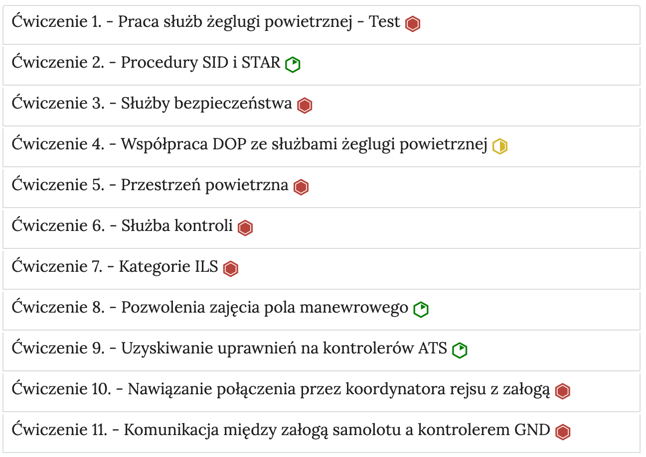 Zrzut ekranu przedstawia przykładowy wygląd zakładek z interaktywnymi materiałami sprawdzającymi. Widoczne jest jedenaście zakładek z ćwiczeniami, na każdej zakładce jest numer ćwiczenia i jego tytuł. Po tytule widać symbol poziomu trudności danego ćwiczenia, na przykład Ćwiczenie 7 kategorie I L S, poziom trudny.