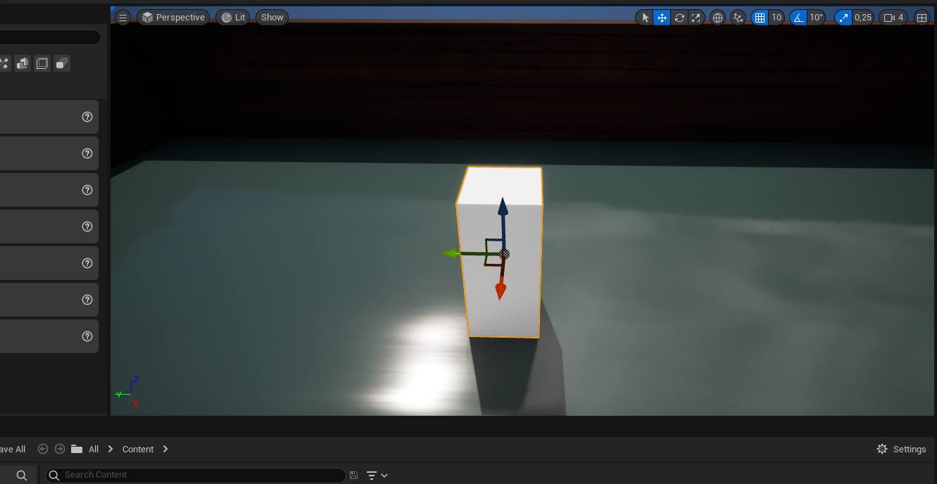 Ilustracja przedstawia okno programu. W obszarze roboczym jest biały prostopadłościan. Na jego powierzchni są trzy strzałki wychodzące z jednego punktu: strzałka w górę, w dół oraz skierowana w lewo. 