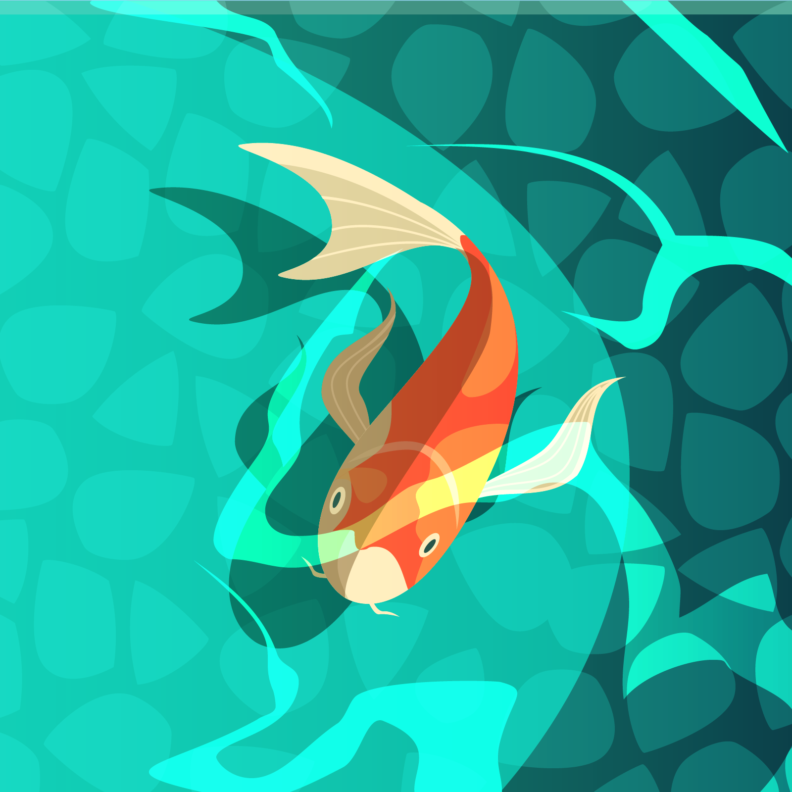 Ilustracja przedstawia pomarańczową rybę w wodzie. 