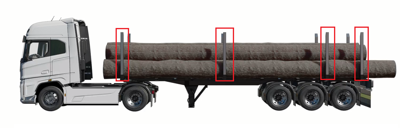 Ilustracja przedstawia ciągnik siodłowy z przyczepą kłonicową. Ciągnik siodłowy jest koloru białego. Na przyczepie kłonicowej znajdują się bale drewna. Kłonice zostały zaznaczone czerwonymi prostokątami. Na jedna stronę przypada po cztery kłonice. Kłonice to pionowe słupki.