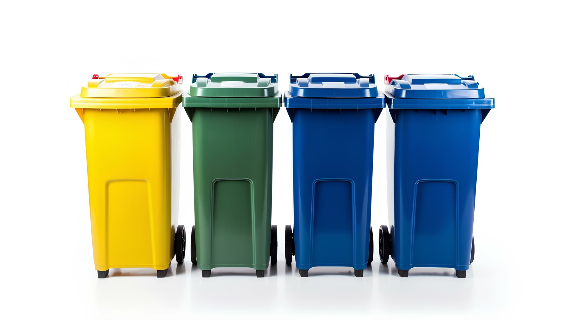 Ilustracja przedstawia cztery kosze na śmieci o różnych kolorach: żółtym, zielonym oraz dwa niebieskie. Każdy kolor wskazuje na rodzaj odpadów, który można wrzucić do danego kosza. 