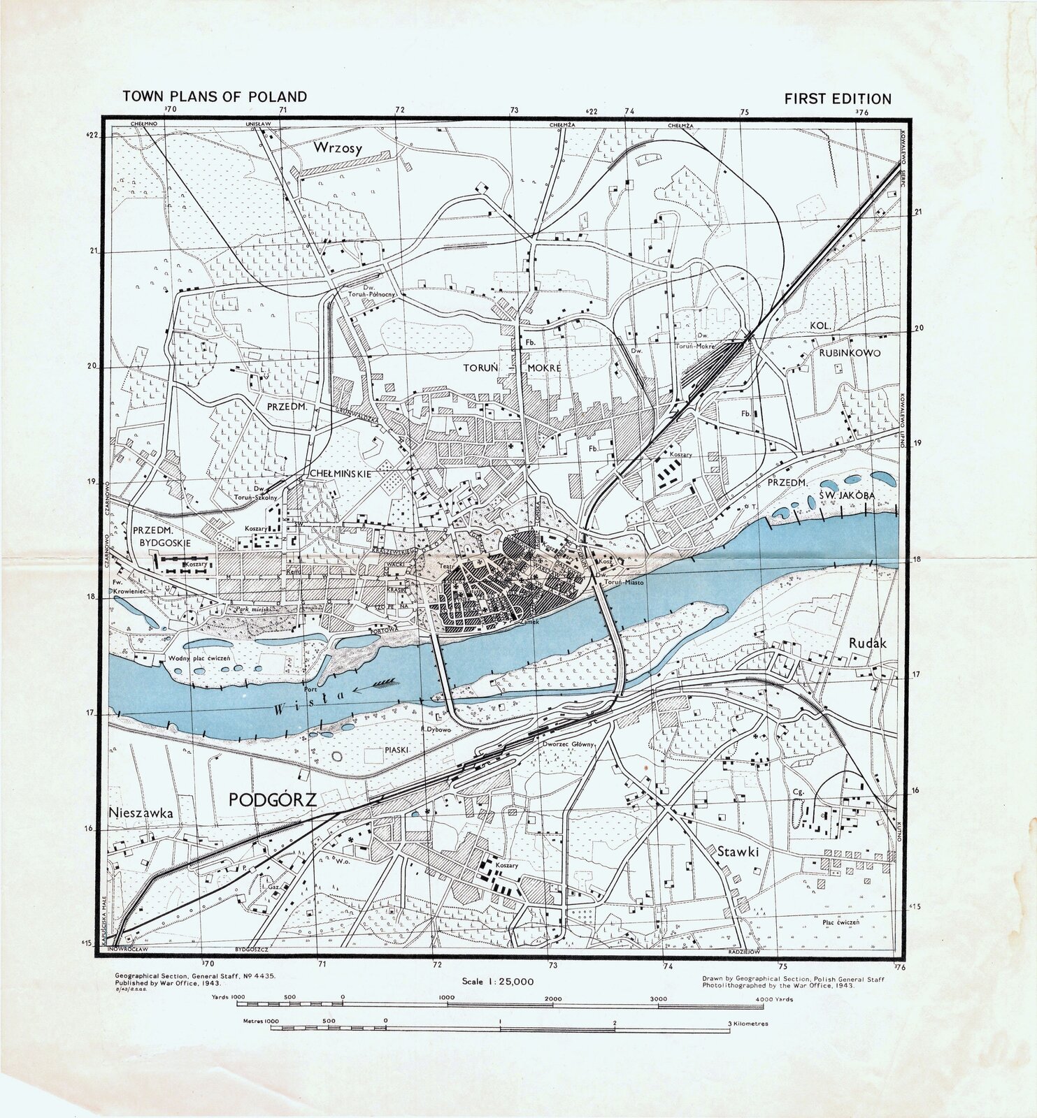 Ilustracja przedstawia plan miasta. Główne zabudowania skupiają się przy jednym brzegu rzeki. Można wyróżnić dzielnice Przedmieście Bydgoskie, Podgórz, Przedmieście Chełmińskie, Przedmieście Świętego Jakuba.
