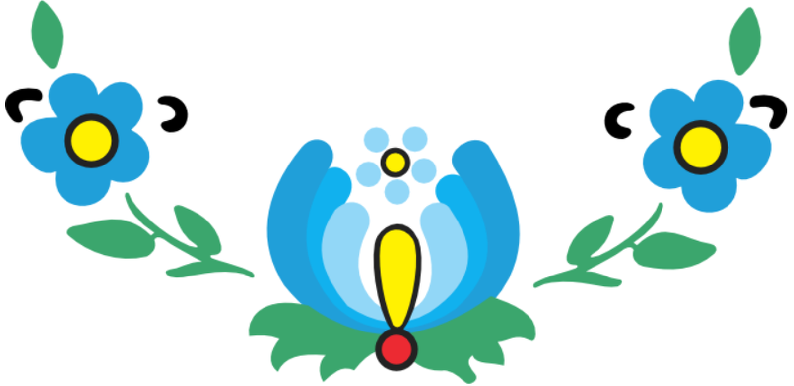 Grafika przedstawia kaszubski motyw zdobniczy składający się z trzech niebieskich kwiatów z żółtym środkiem. Kwiaty łączą przeplatane zielone gałęzie. 