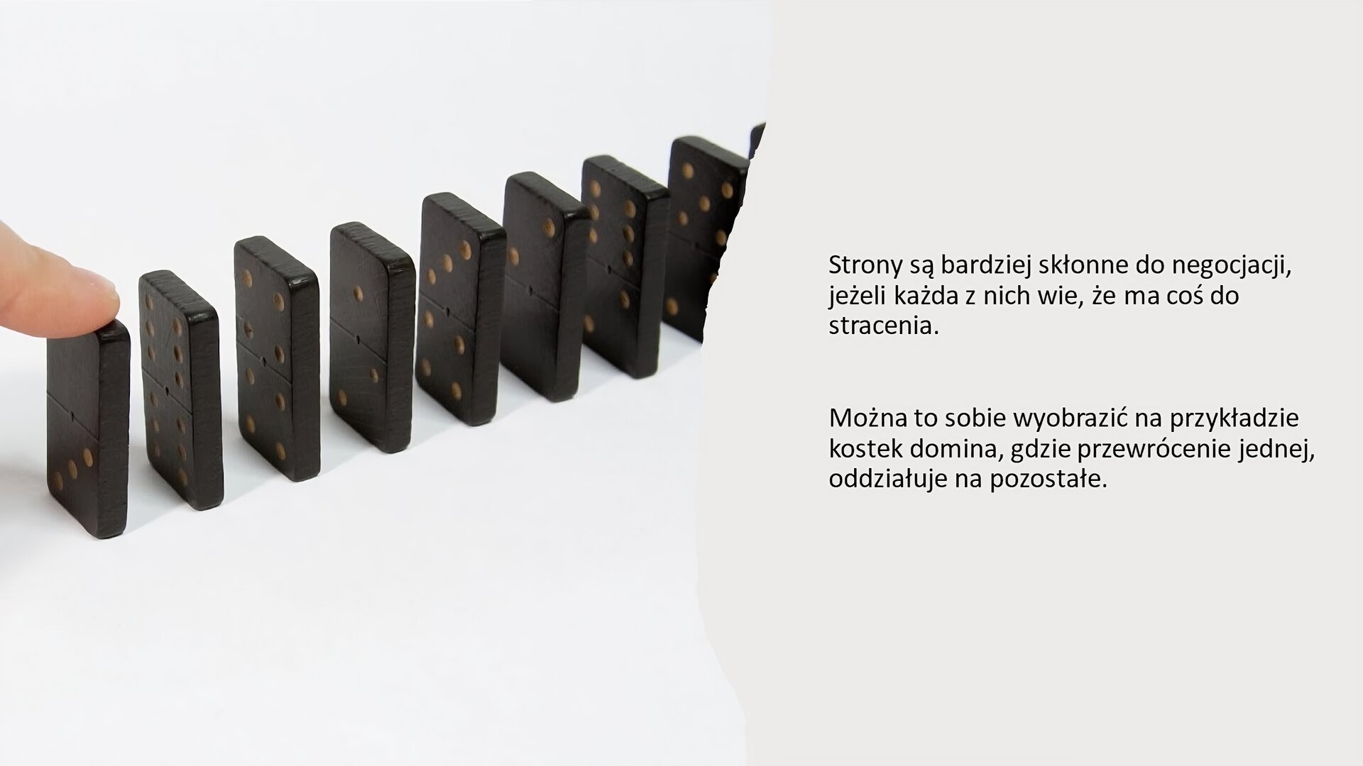 Kremowy slajd. Z lewej strony zdjęcie. Na białym tle czarne klocki domina ustawione jeden za drugim. Nad pierwszym z nich palec. Z prawej strony slajdu tekst: „Strony są bardziej skłonne do negocjacji, jeżeli każda z nich wie, że ma coś do stracenia. Można to sobie wyobrazić na przykładzie kostek domina, gdzie przewrócenie jednej, oddziałuje na pozostałe”.