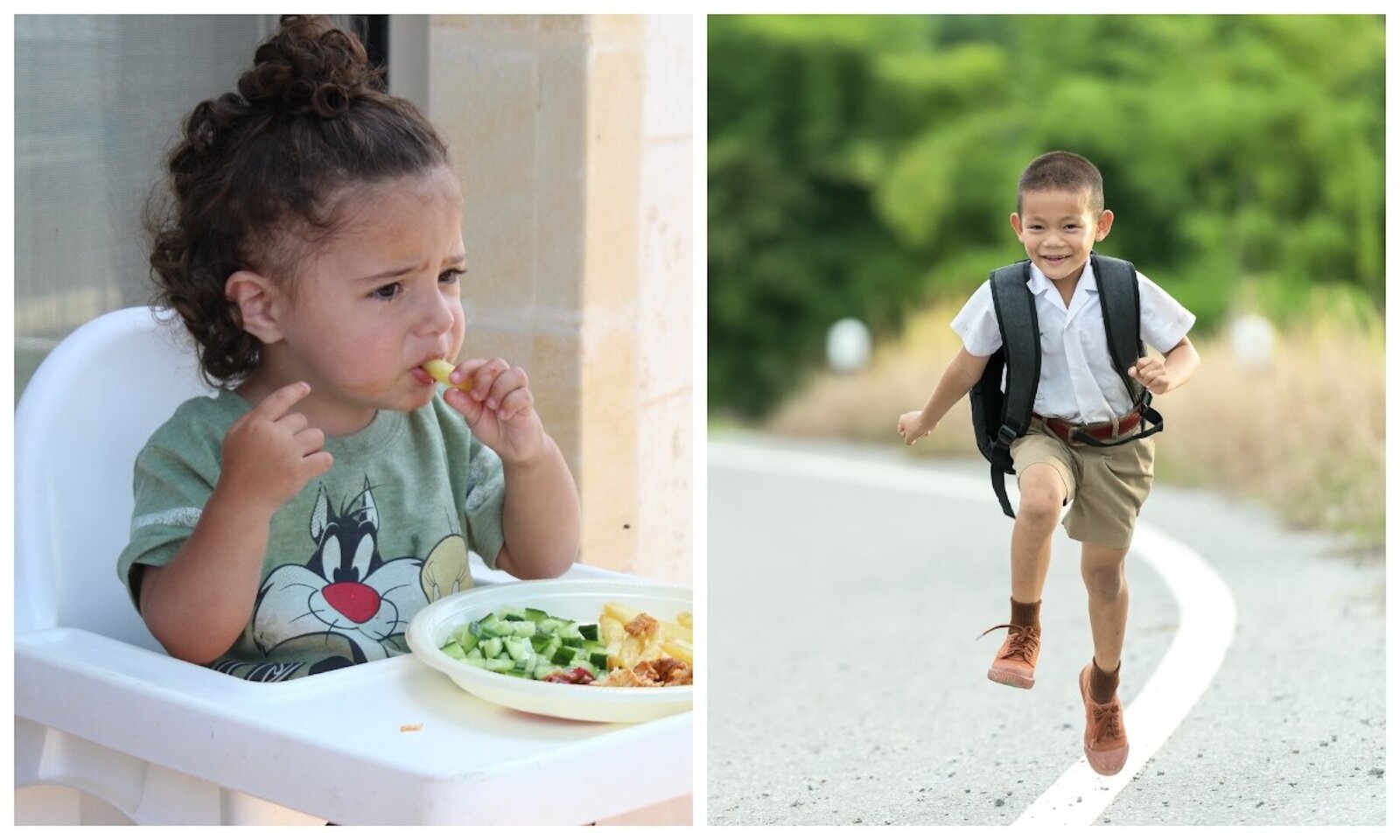 Ilustracja podzielona jest na dwie części. Po lewej stronie znajduje się dziewczynka, która je posiłek, a po prawej stronie znajduje się chłopiec, który biegnie z plecakiem po drodze.