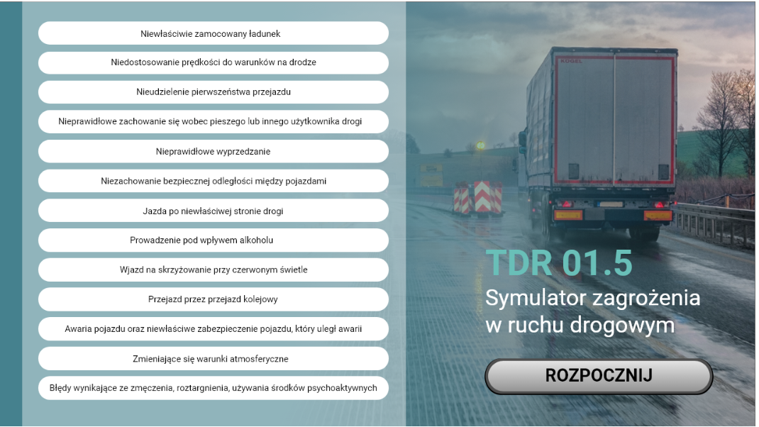 Na ilustracji widnieje ciągnik siodłowy z naczepą pod nim tytuł TDR kropka 01 5 napis Symulator zagrożenia w ruchu drogowym. Pod napisem widnieje ikona rozpocznij. Na lewo od ilustracji znajduję się trzynaście pojęć.