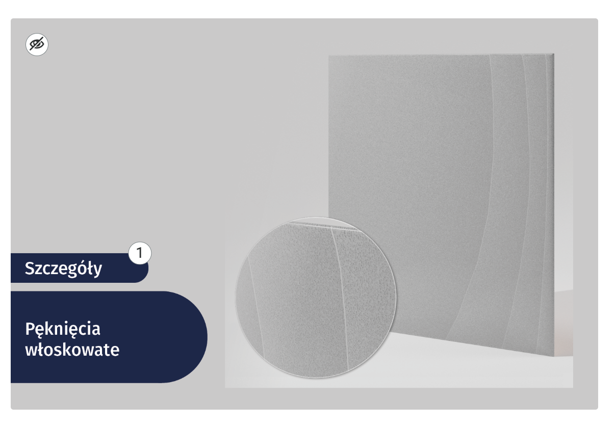 Ilustracja interaktywna o tytule Szczegóły. Pęknięcia włoskowate. Czyli pęknięcia szkliwa widoczne jako nieregularne włoskowate spękania. Na ilustracji ukazana jest kwadratowa, szara płytka ceramiczna i zbliżenie na nią. Widoczne są biegnące przez długość całej płytki trzy długie, nitkowate pęknięcia włoskowate.