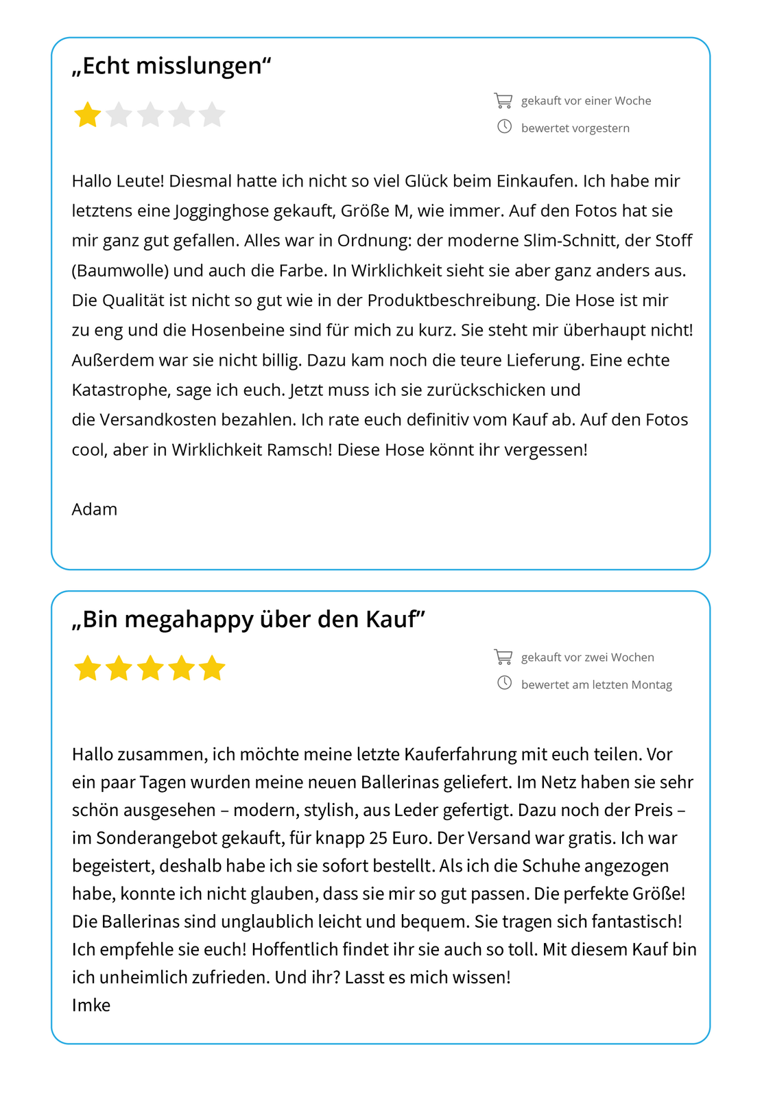 Ilustracja przedstawia dwie opinie kupujących: jedną pozytywną, a drugą negatywną. Przy pozytywnej opinii kupujący zaznaczył pięć gwiazdek na pięć możliwych, przy negatywnej - tylko jedną. Pełna transkrypcja poniżej.