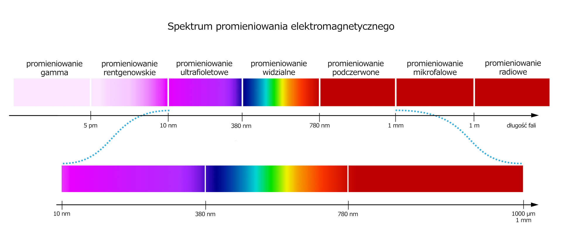 Ilustracja przedstawia widmo promieniowania elektromagnetycznego. Na obrazku podane są zakresy odpowiadające danemu promieniowaniu. Promieniowanie rentgenowskie 5 pikometrów do 10 nanometrów. Promieniowanie ultrafioletowe 10 nanometrów do 380 nanometrów. Promieniowanie widzialne 380 nanometrów do 780 nanometrów. Promieniowanie podczerwone 780 nanometrów do 1 milimetra. Promieniowanie mikrofalowe 1 milimetra do 1 metra. Promieniowanie radiowe od 1 metra.