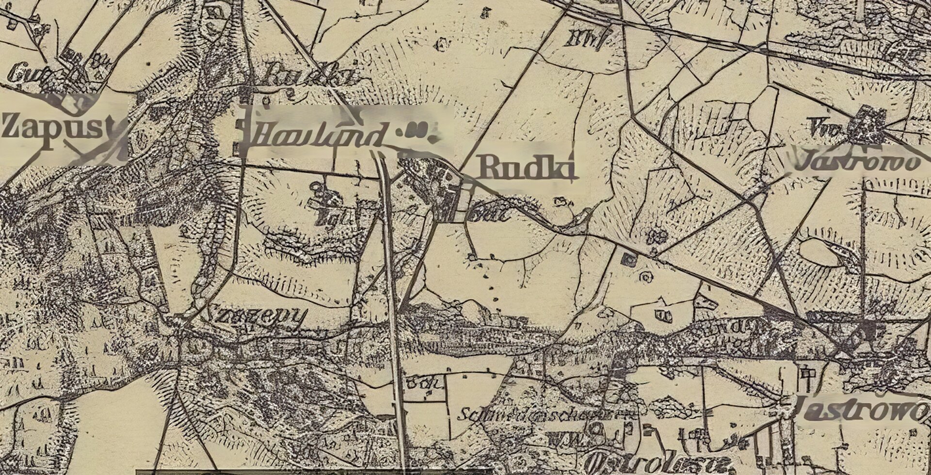 Zdjęcie przedstawia fragment mapy topograficznej z lat 20. XX wieku, dotyczącą terenu wokół miejscowości Szamotuły, na której zaznaczono także miejscowość Rudki (w centralnej części mapy). Na planie są widoczne także: Ostroróg, Wielonek, Zapust, Szczepankowo, Klutschewo, Wygoda, Karolin, Gaj Wielki, Szczuczyn, Smilowo, Galowo, Jastrowo, Ostrolesie.