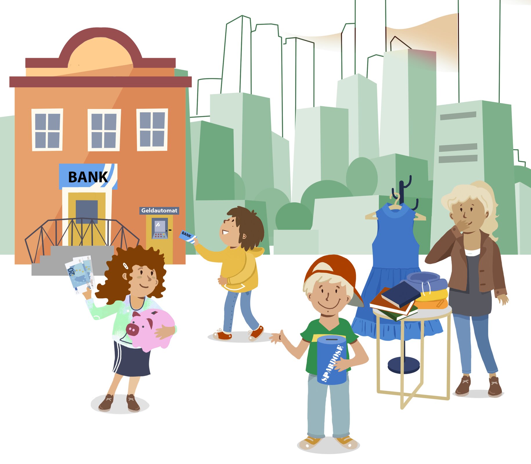 Widoczna jest ilustracja. Przedstawia troje dzieci i kobietę. Postaci znajdują się w pobliżu banku, przy którym widnieje bankomat. W tle widoczne jest miasto. Dziewczynka trzyma w rękach banknoty oraz świnkę skarbonkę. Jeden z chłopców zmierza do bankomatu z kartą płatniczą w ręce. Drugi chłopiec trzyma niebieską skarbonkę. Kobieta stoi obok wieszaka, na którym wisi niebieska sukienka. Obok kobiety znajduje się stolik, na którym ułożone są książki oraz ubrania.