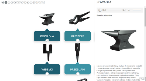 Zdjęcie przedstawia fragment ilustracji interaktywnej z zestawem narzędzi kowalskich. W górnej części znajduje się spis punktów umieszczonych na ilustracji. Poniżej, w centralnej części cztery ilustracje z punktami. Po prawej stronie znajduje się okno z treścią punktu pierwszego i ilustracją  kowadła.