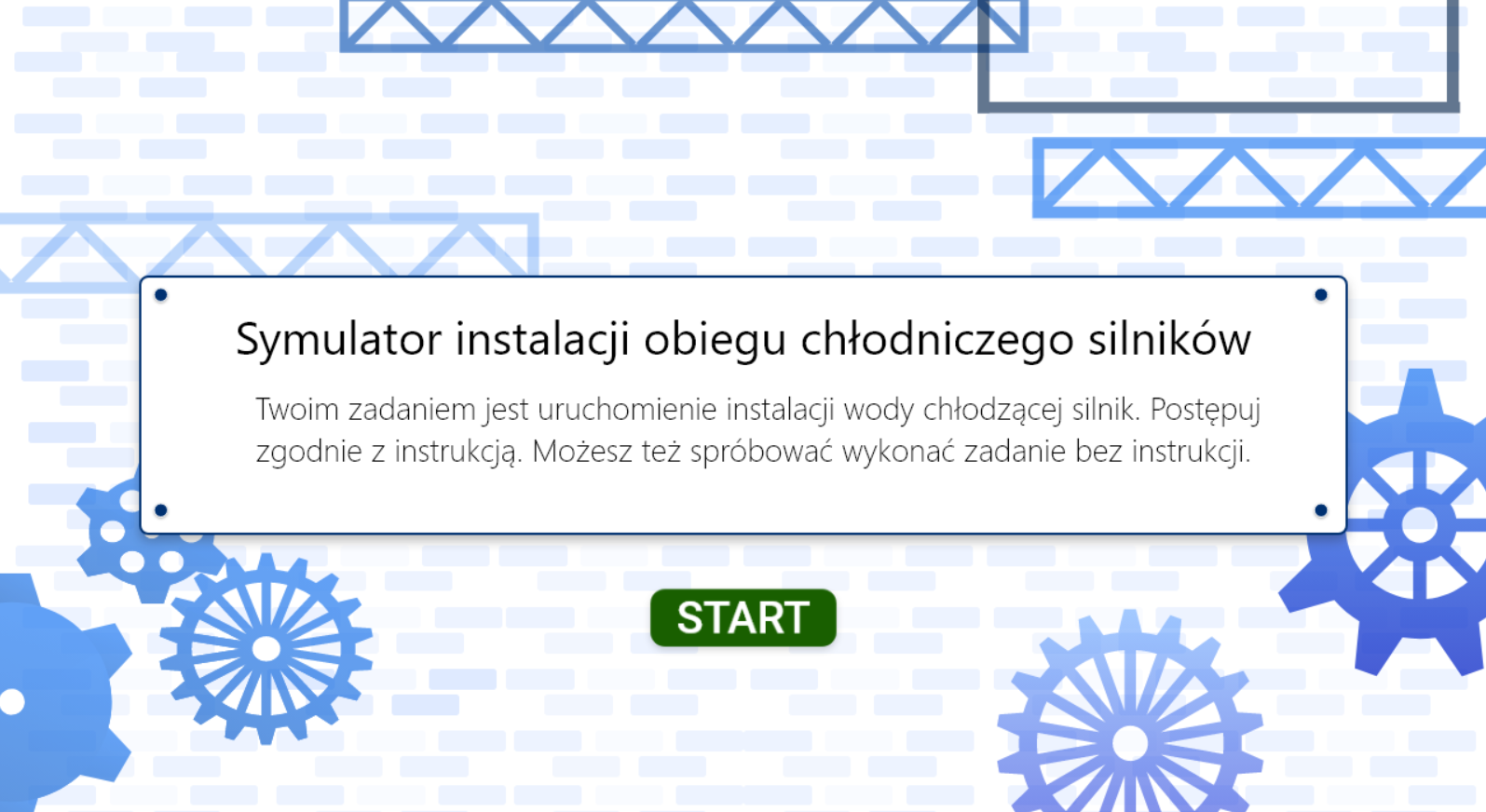 Grafika przedstawia przykładowy ekran startowy symulatora. Widnieje na nim plansza zawierająca tytuł i polecenie. Pod nią znajduje się przycisk START.