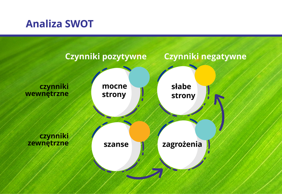 Ilustracja przedstawia analiza SWOT.