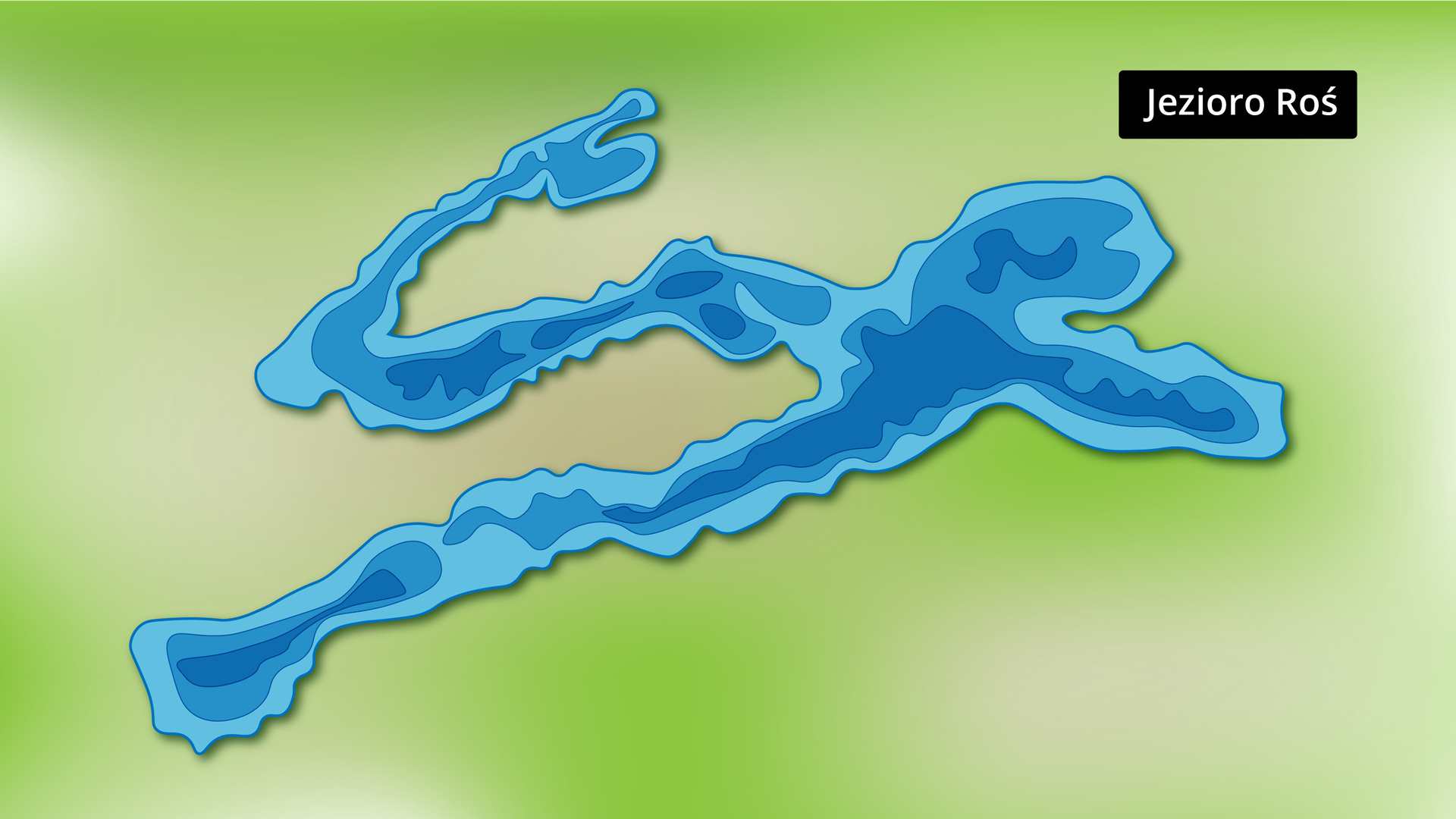 Ilustracja przedstawia jezioro mające kształt wąskich rozgałęzień.  