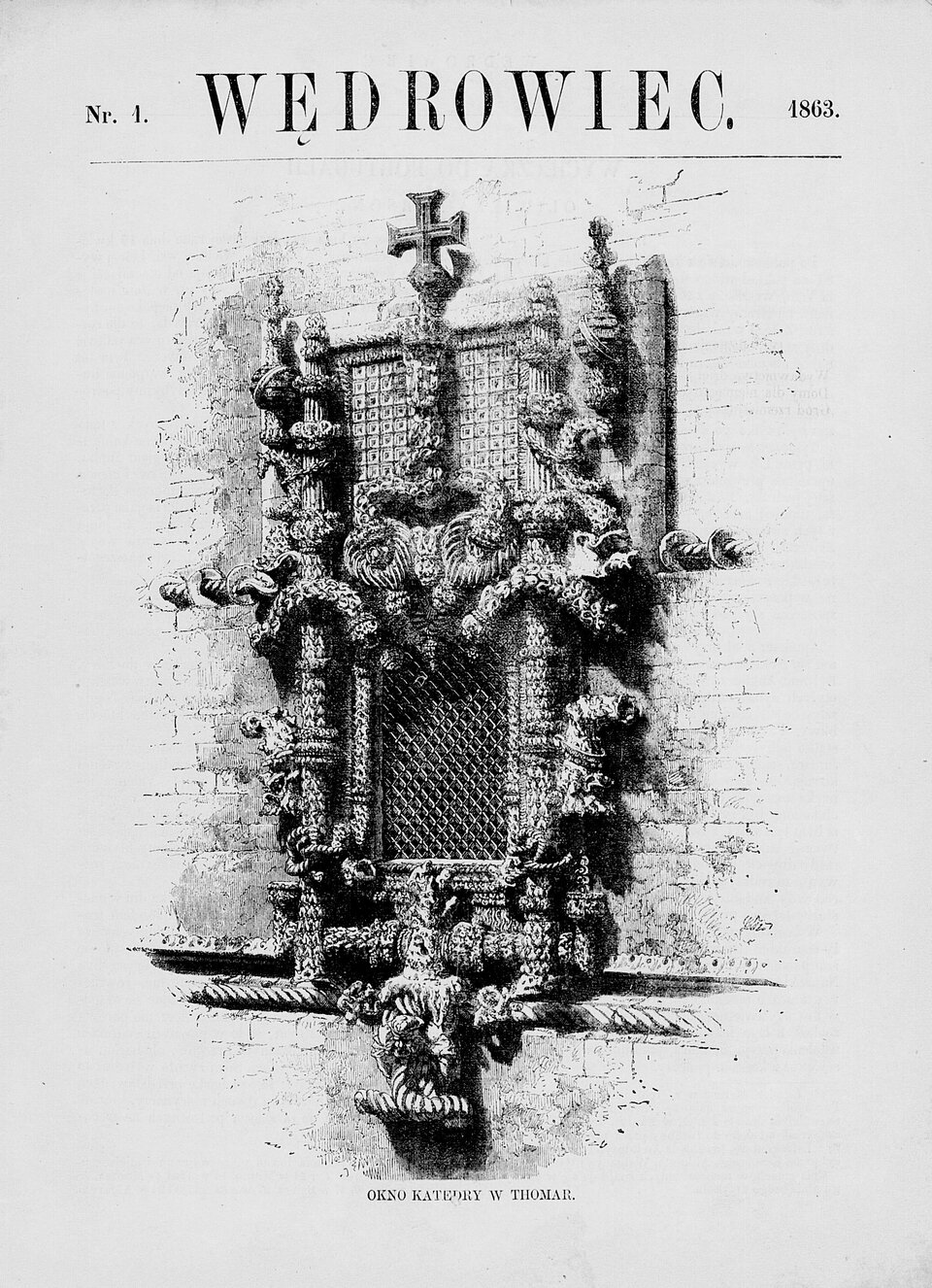 Zdjęcie przedstawia stronę tytułową czasopisma Wędrowiec z 1863 roku. Ukazane jest na nim okno z bogatymi ornamentami.
