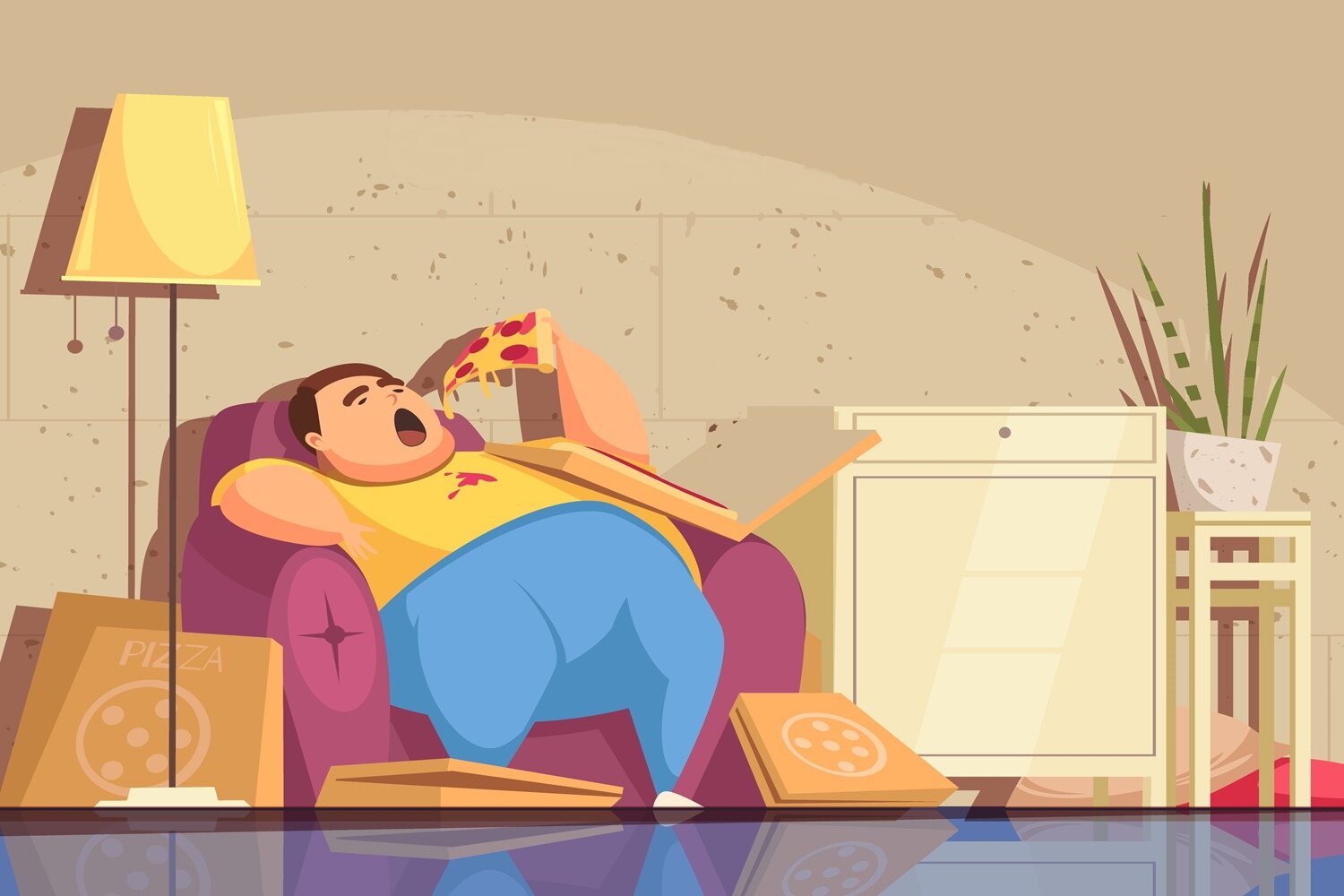 Grafika przedstawia otyłego mężczyznę siedzącego w pozycji półleżącej na fotelu i jedzącego pizzę. Mężczyzna ma krótkie, ciemne włosy, jest ubrany w żółtą koszulkę z krótkim rękawem, z czerwoną plamą pośrodku, oraz niebieskie spodnie dresowe. Ma otwarte szeroko usta, do których wkłada kawałek pizzy, który trzyma w lewym ręku nad głową. Na lewym boku i oparciu fioletowego fotela leży otwarte pudełko z pizzą. Przed mężczyzną na podłodze leżą dwa puste pudełka po pizzy. W pomieszczeniu na lewo od fotela stoi lampa, za którą leżą kolejne dwa pudełka po pizzy. Na prawo widoczna jest szafka oraz mały stolik z kwiatkiem, pod którymi widoczne jest kolejne pudełko.