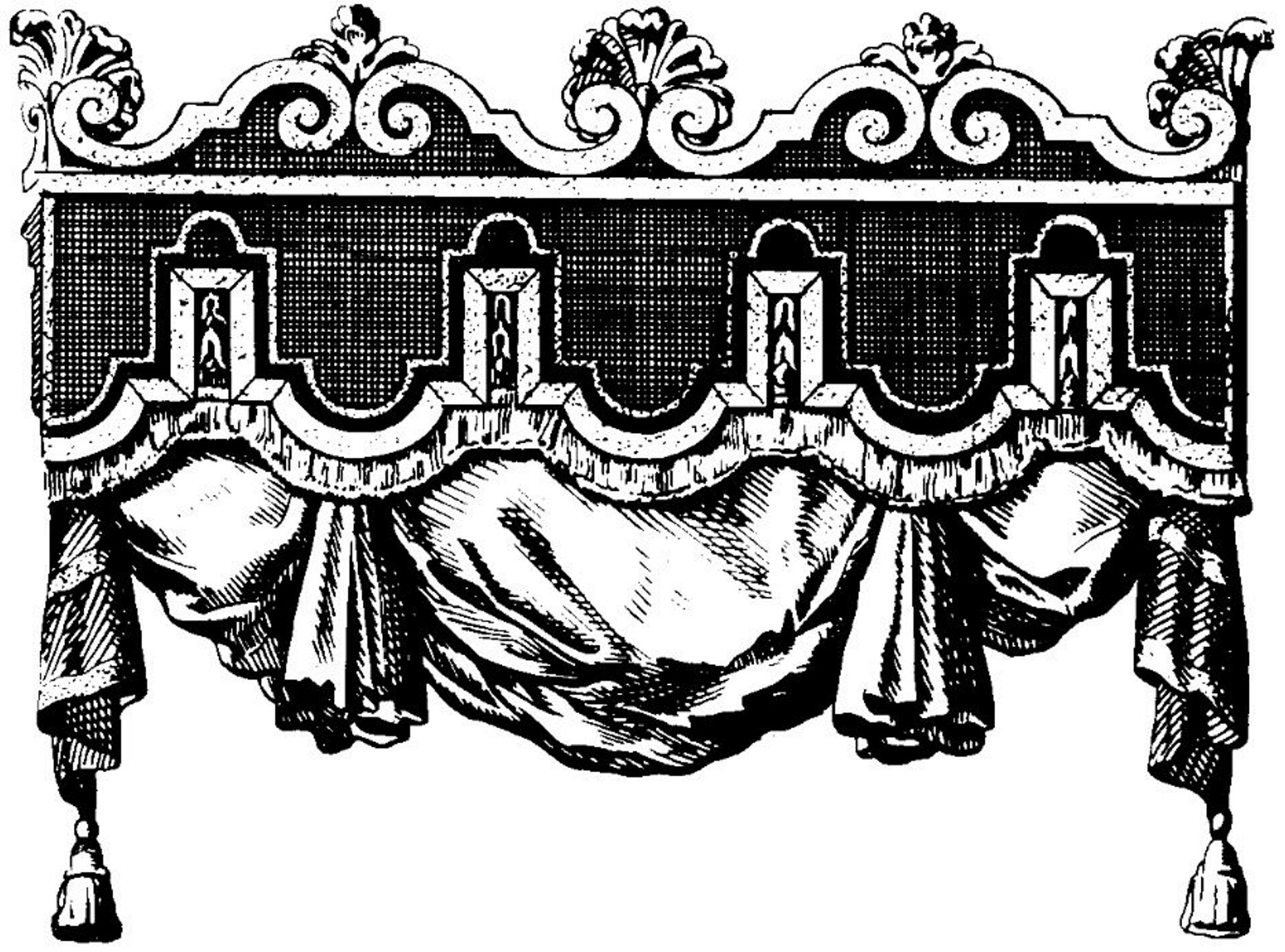Ilustracja przedstawiająca ornament – lambrekin. Element dekoracyjny naszkicowany jest czarnym kolorem bez wypełenień. Ornament kształtem przypomina baldachim - dekoracyjny element, który można znaleźć czasami nad łóżkiem, z którego wystaje tkanina.