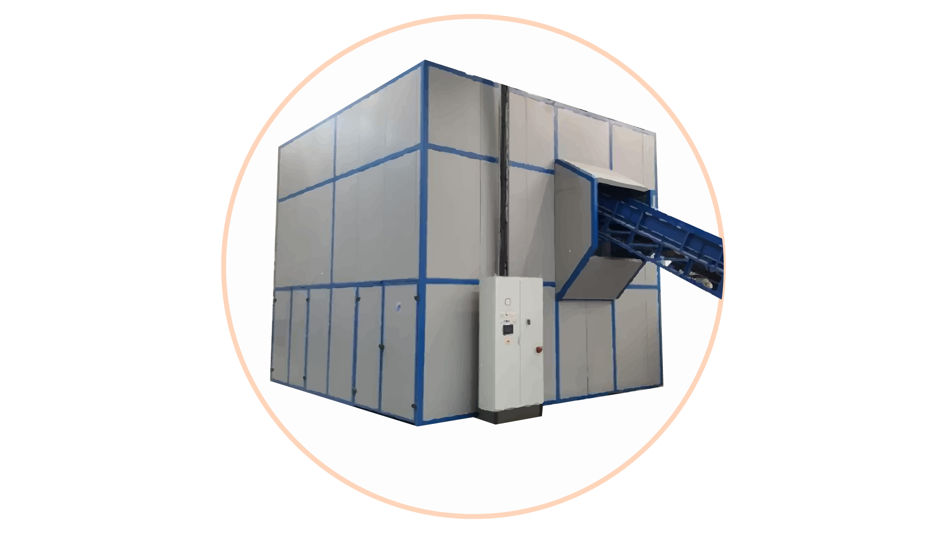 Grafika przedstawia poprawnie wykonaną izolację akustyczną maszyny przemysłowej przy pomocy obudowy dźwiękochłonnej. Maszyna szczelnie pokryta jest blokami obudowy dźwiękochłonnej. Z przodu znajduje się skrzynka z panelem sterującym oraz otwór, z którego wychodzi taśma produkcyjna.