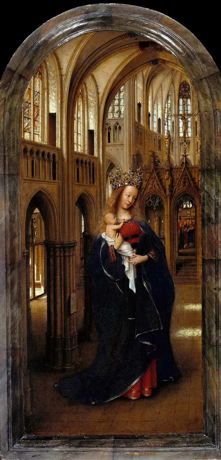 Ilustracja o kształcie poziomego prostokąta przedstawia dzieło Jana van Eycka „Madonna w kościele". Obraz ukazuje Matkę Boską z Dzieciątkiem na ręku. Stoi we wnętrzu kościoła, ubrana w czerwoną suknie i ciemnogranatowy płaszcz. Na głowie ma koronę. Jej głowa jest lekko pochylona, a postać skierowana wprawą stronę. W tle znajduje się gotyckie wnętrze świątyni. 