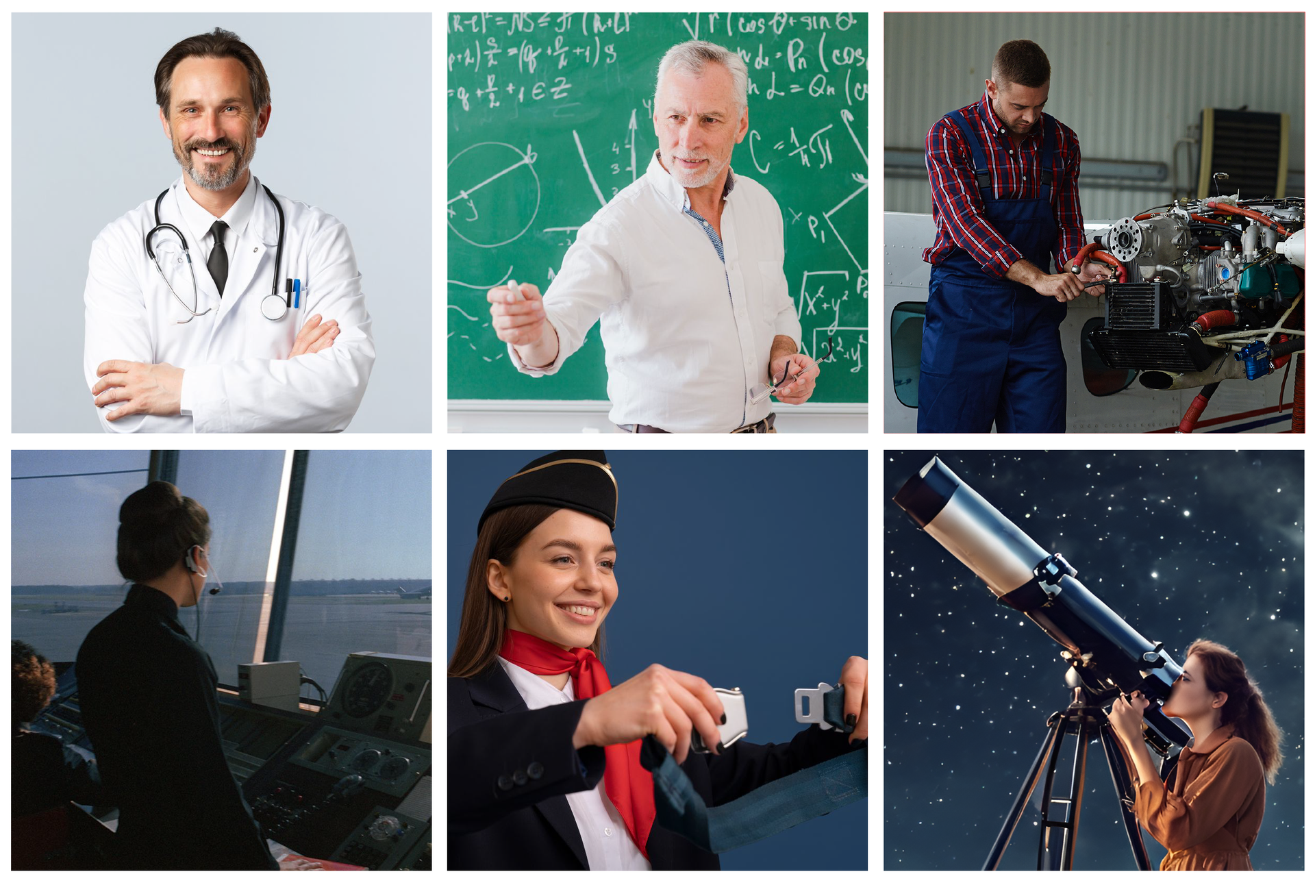 Ilustracja składa się z sześciu zdjęć ułożonych po trzy w dwóch rzędach. Na pierwszym zdjęciu od lewej w górnym rzędzie widoczny jest stojący mężczyzna w średnim wieku. Mężczyzna jest ubrany w biały fartuch lekarski, ma na szyi przewieszony stetoskop, a w kieszonce fartucha, znajdującej się po lewej stronie na wysokości klatki piersiowej, ma włożone dwa długopisy. Mężczyzna uśmiecha się i ma ręce splecione na wysokości brzucha. Na zdjęciu w środku widoczny jest starszy mężczyzna, w ujęciu od pasa w górę, który stoi przed zieloną tablicą. Mężczyzna ma krótkie, siwe włosy i jest ubrany w białą koszulę. W lewej ręce przyciśniętej do brzucha trzyma okulary korekcyjne, zaś w prawej ręce wyciągniętej do przodu trzyma kredę. Na tablicy widoczne są różne wzory matematyczne zapisane białą kredą. Na zdjęciu po prawej stronie widoczny jest młody mężczyzna, który stoi na podnośniku i naprawia mechanizm skrzydła samolotu. Mężczyzna jest ubrany w kraciastą koszulę i granatowe robocze spodnie na szelkach. W prawej dłoni trzyma jakie narzędzie, którym dotyka elementu mechanizmu skrzydła, a lewą dłonią przytrzymuje czerwony, gruby przewód. Przed nim widoczne są dwa małe blaty, na których leżą narzędzia, akcesoria i kable. W tle za nim widoczny jest kadłub samolotu znajdującego się w hangarze. Na zdjęciu od lewej w dolnym rzędzie widoczna jest młoda kobieta, w ujęciu od pasa w górę, stojąca w wieży kontrolnej lotniska. Kobieta jest zwrócona w prawo i patrzy przez duże okna na płytę lotniska. Jest ubrana w ciemną koszulę. Na głowie ma słuchawki z mikrofonem ustawionym przy ustach. Przed nią widoczna jest aparatura. Przez okna wieży kontrolnej widoczna jest płyta lotniska i ogon samolotu stojącego po prawej stronie. Na zdjęciu w środku widoczna jest młoda kobieta, w ujęciu od pasa w górę, zwrócona w prawo i ubrana w strój stewardessy. Ma na sobie ciemną marynarkę, białą koszulę, czerwoną apaszkę przewiązaną na szyi oraz ciemną furażerkę. Obie dłonie ma wyciągnięte z przodu i trzyma w nich zapięcia pasa bezpieczeństwa. Na zdjęciu po prawej stronie widoczna jest młoda kobieta w plenerze, stojąca przy wielkim teleskopie zamocowanym na trójnożnym statywie. Kobieta jest zwrócona w lewo i patrzy przez okular teleskopu skierowanego do góry. Obiema dłońmi trzyma pokrętła teleskopu. W tle widoczne jest rozgwieżdżone niebo, poniżej których widoczne są zarysy gór.