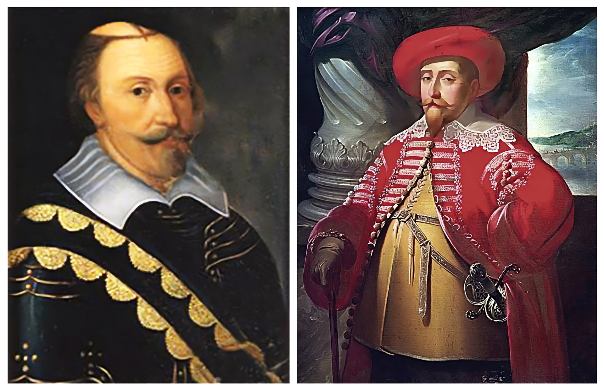 Ilustracja składa się z dwóch portretów. Na lewo portret króla Karola IX w zbroi paradnej. Władca ukazany został jako łysiejący mężczyzna z wąsami i bródką hiszpańską. Spod kaftana wystaje mu szeroki kołnierz, który rozlewa się na barki zbroi przepasanej królewską wstęgą. Na prawo obraz ukazujący króla Gustawa II Adolfa w postawie stojącej przy barokowej kolumnie udekorowanej udrapowaną tkaniną. Władca jest blondynem. Ma wąsy i hiszpańską bródkę. Na głowie nosi kapelusz z szerokim rondem. Ubrany jest w polską delię z koronkowym kołnierzem, która jest rozpięta na wysokości piersi, odsłaniając wydatny brzuch. Pod delią jest kaftan ze skórzanym pasem, do którego przytwierdzony jest rapier. Król prawą dłoń, ubraną w skórzaną rękawiczkę, oparł na lasce, a lewą dostawił do boku, przyjmując pozę triumfu. 