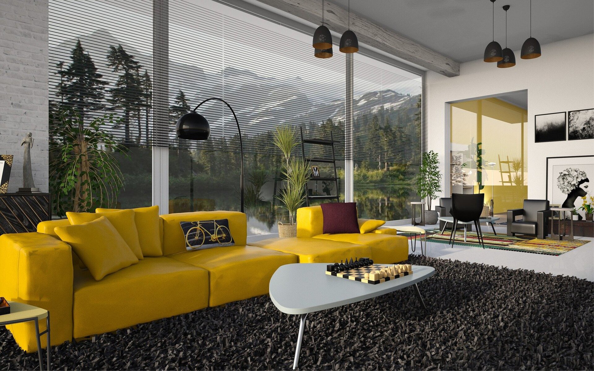 Ilustracja ukazuje nowoczesny salon, który otrzymuje mnóstwo naturalnego światła dzięki panoramicznym oknom z widokiem na wzgórza. Ściany pomalowane są na biało, a na jasnej podłodze znajduje się wyraźny, ciemny dywan. Centralnym elementem jest żółta kanapa, obok której stoi niski, biały stolik i lampa z ciemnym półokrągłym kloszem. W drugim planie stoi stolik i  dwa proste fotele. Lampy sufitowe są niewielkie zwisające. Na ścianach wiszą grafiki utrzymane w czarno białej kolorystyce. 