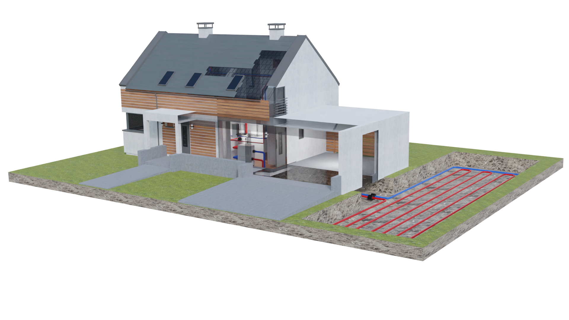Grafika przedstawia piętrowy dom jednorodzinny z fragmentem działki. Przy domu znajduje się wykop z zainstalowaną gruntową pompą ciepła.