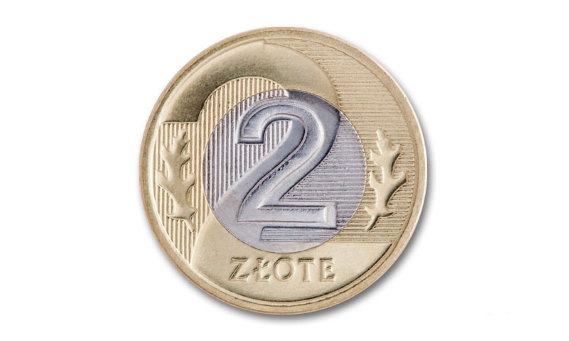 Rysunek przedstawia zdjęcie monety dwuzłotowej, której zewnętrzna część ma kolor złoty a wewnętrzna kolor srebrny. Na monecie widnieje na środku liczba dwa, dwie wyrzeźbione gałązki po bokach oraz wyraz „złote” na dole.