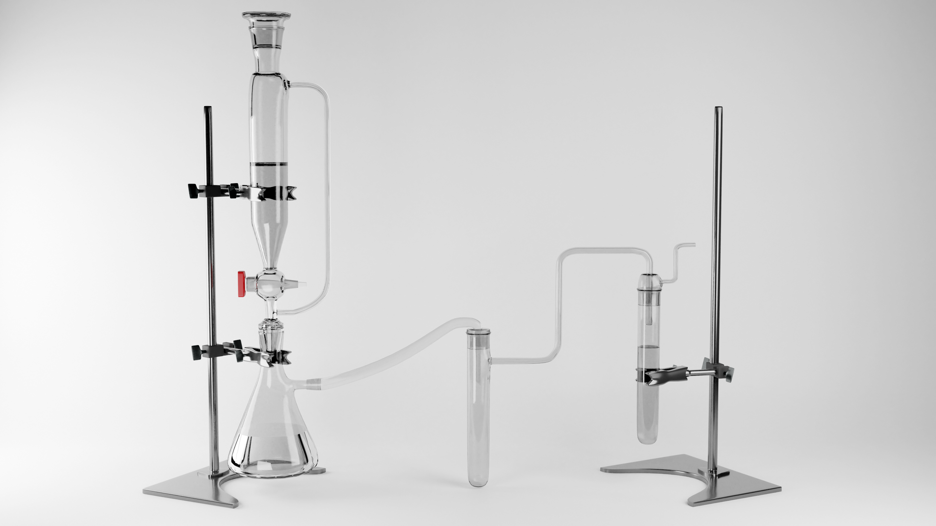 Ilustracja przedstawia zestaw do otrzymywania gazowego chloru. W statywie umieszczono kolbę płaskodenną, nad nią znajduje się wkraplacz. Kolba jest połączona wężykiem ze szklanym naczyniem przypominającym probówkę. Naczynie to jest połączone rurką z płuczką - kolejnym naczyniem. Jest ona zamocowana w metalowym statywie.  