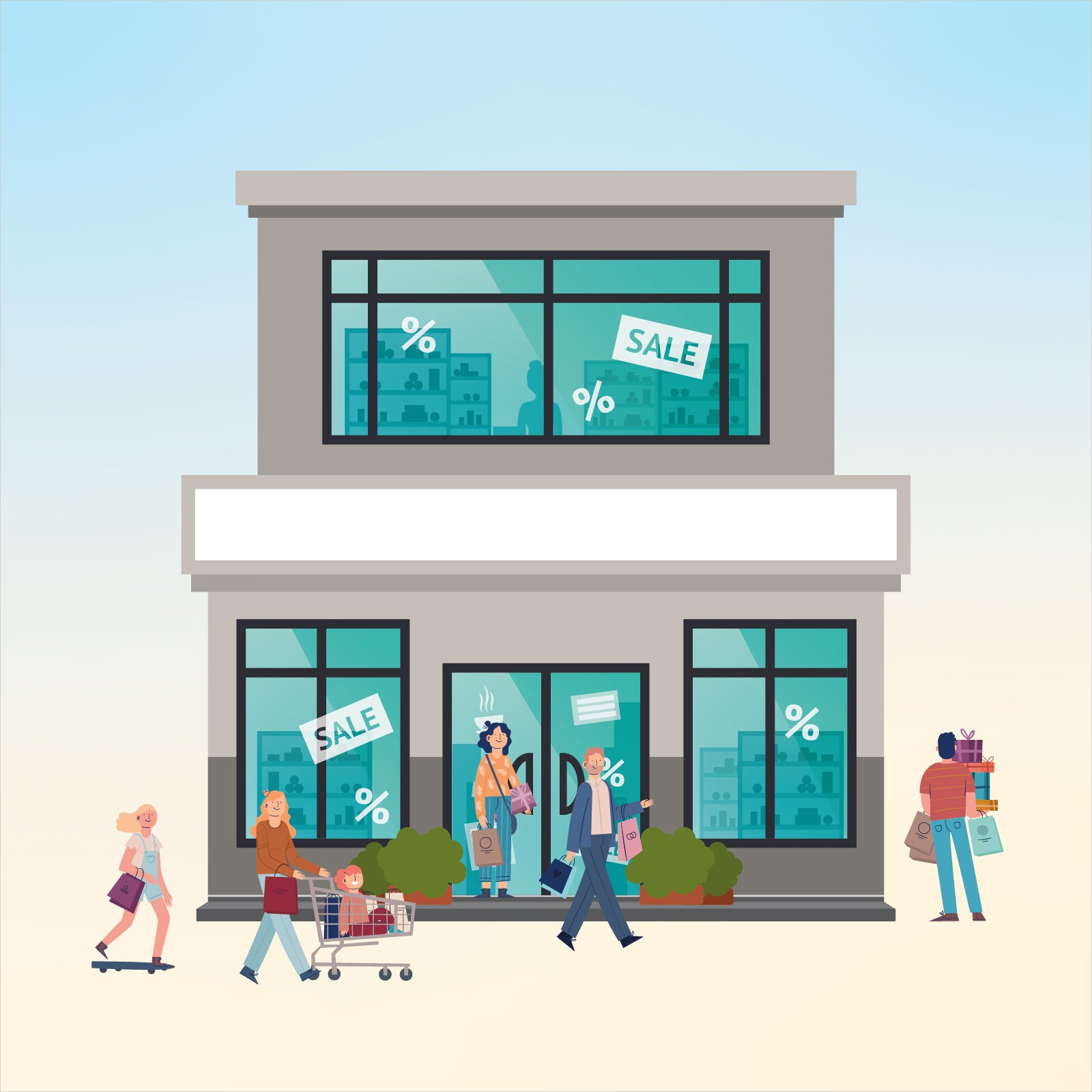 Ilustracja przedstawia dwupiętrowy sklep. Sklep posiada duże okna, przez które widać jego wnętrze. Przed wejściem znajdują się doniczki z zieloną rośliną ozdobną. Wokół budynku chodzą ludzie trzymając w dłoniach paczki z zakupami. Jedna z kobiet wiezie wózek sklepowy, w którym siedzi wesołe dziecko. Na szybach, naklejone są loga procentów oraz napisy: Sale.