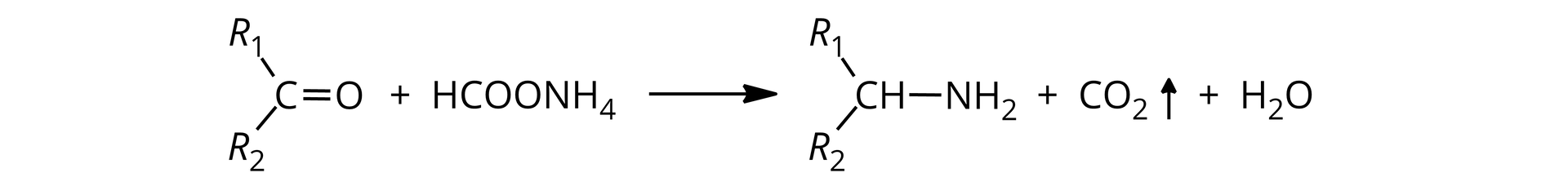 Na ilustracji jest równanie: związek z grupą karbonylową CO, w którym do atomu węgla przyłączone są dwa podstawniki R indeks dolny jeden i R indeks dolny dwa dodać cząsteczka mrówczanu amonu H C O O N H indeks dolny cztery, strzałka w prawo, powstaje amina pierwszorzędowa z ugrupowaniem C H N H indeks dolny dwa. Do atomu węgla przyłączone są dwa podstawniki R indeks dolny jeden oraz R indeks dolny dwa. Pozostałe produkty to dwutlenek węgla dodać woda.