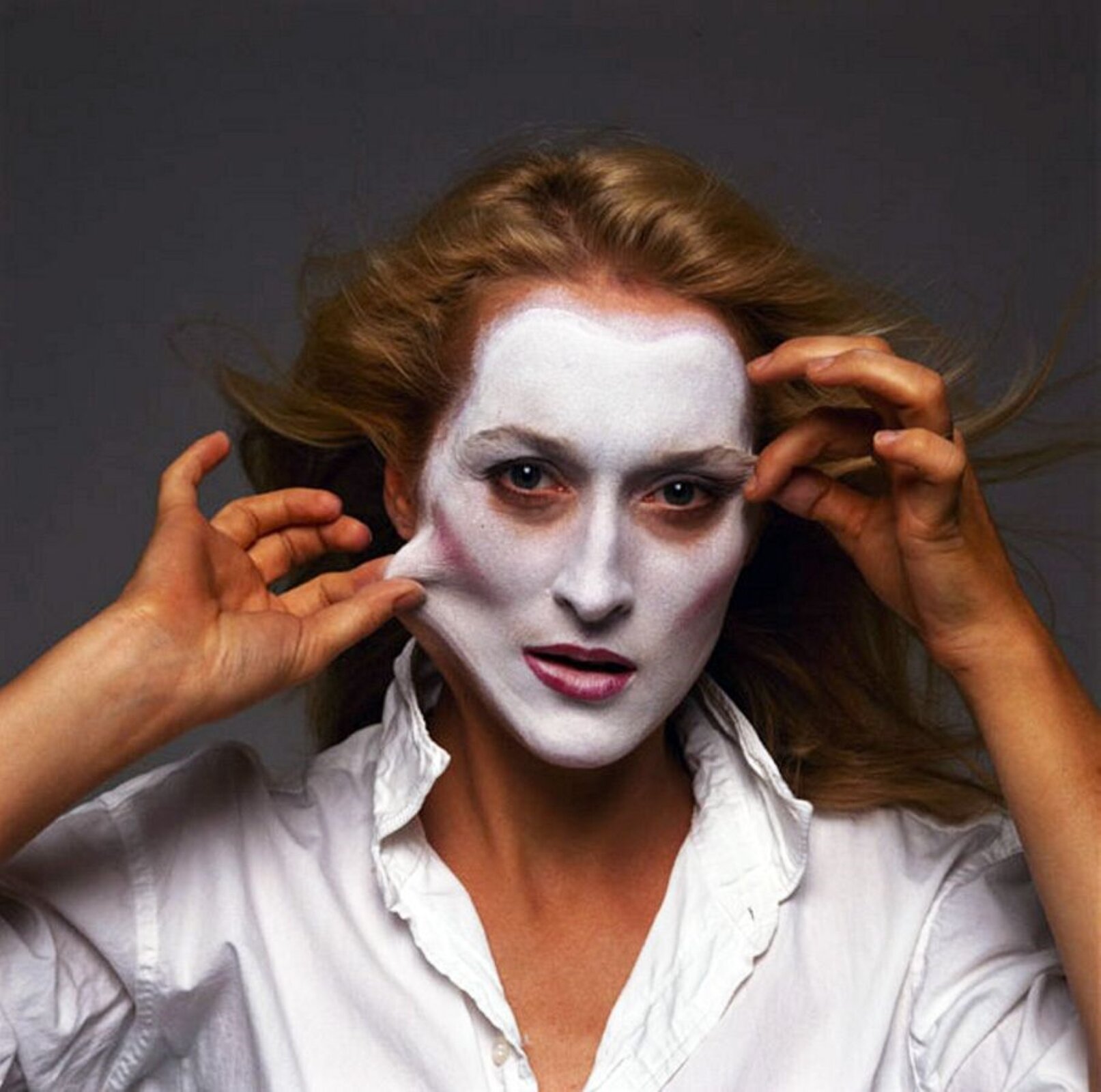 Fotografia  Annie Leibovitz pod tytułem „Meryl Streep” przedstawia kobietę w średnim wieku. Jest ona widoczna od klatki piersiowej w górę, ma na sobie rozpiętą u góry białą koszulę, a jej włosy są rozwiane, jak gdyby powietrze dmuchało w stronę jej twarzy. Twarz kobiety pomalowana jest na biało, z różowymi akcentami na policzkach i ustach, tworząc efekt maski. Niebieskie oczy są zaczerwienione, a usta delikatnie otwarte. Kobieta patrzy przed siebie, jedną dłonią pociągając za fragment swojej skóry przy policzku, a drugą przy skroni. Na jej twarzy, przy oczach, widoczne są zmarszczki.