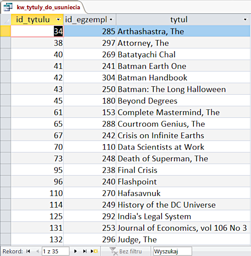 Ilustracja przedstawia zrzut ekranu z programu. Przedstawia tabelę zawierającą informacje na temat tytułów.