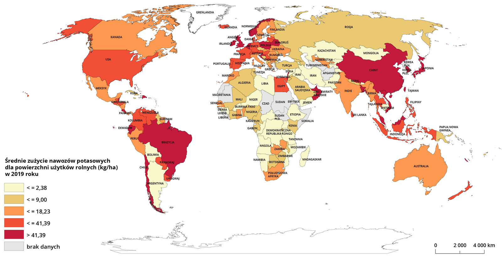 Na mapie świata podano średnie zużycie nawozów potasowych dla powierzchni użytków rolnych w kilogramach na hektar 2019 r. Wartość powyżej 41,39 kilograma: Brazylia, Ekwador, Chile, Norwegia, Irlandia, Wielka Brytania, Belgia, Holandia, Polska, Chorwacja, Białoruś, Chiny, Zjednoczone Emiraty Arabskie, Oman, Wietnam, Bangladesz, Japonia, Korea Południowa, Malezja. Powyżej lub równe 41,39 kilograma: Wenezuela, Gwatemala, Kolumbia, USA, Paragwaj, Egipt, Niemcy, Litwa, Łotwa, Francja, Portugalia, Hiszpania, Austria, Węgry, Serbia, Tajlandia, Indonezja, Nowa Zelandia. Wartość poniżej lub równe 18,23 kilograma to przede wszystkim Kanada, Meksyk, Nikaragua, Panama, Peru, Surinam, Włochy, Grecja, Słowacja, Ukraina, Rumunia, Bułgaria, Szwecja, Finlandia, Estonia, Uzbekistan, Indie, Birma, Australia, Ghana, Senegal, Zambia, Republika południowej Afryki, Maroko. Wartość poniżej lub równe 9 kilograma dotyczy Gujany, Kuby, Algierii, Tunezji, Mali, Nigerii, Kamerunu, Gabonu, Botswany, Zimbabwe, Kenii, Wybrzeża Kości Słoniowej, Arabii Saudyjskiej, Turcji, Czech, Bośni i Hercegowiny, Albanii, Macedonii Północnej, Rosji, Papui‑Nowej Gwinei, Gruzji, Armenii. Mauretania, Czad, Sudan, Sudan Południowy, Somalia, Erytrea, Turkmenistan, Afganistan brak danych. W pozostałych krajach wartość wynosi poniżej lub równe 2,38 kilograma.