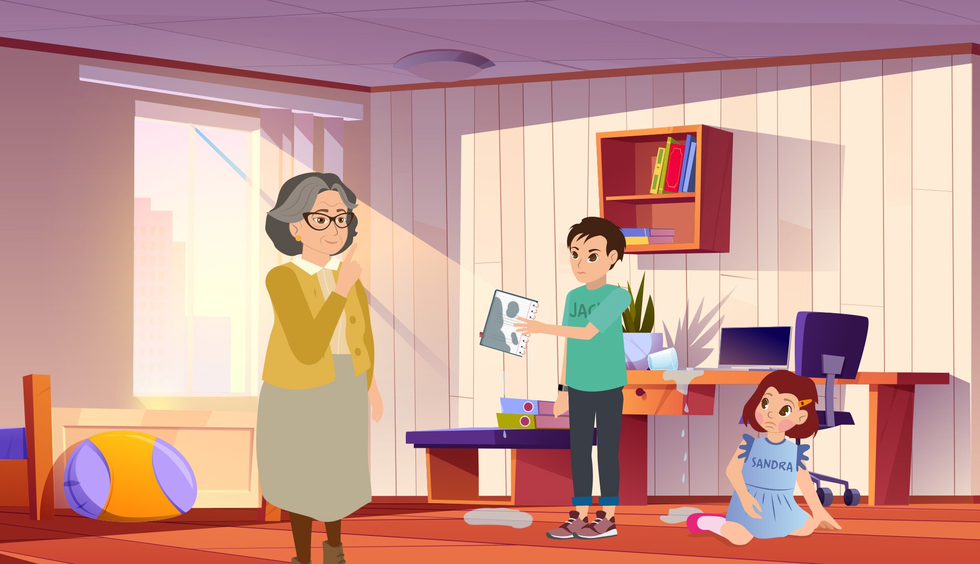 Ilustracja przedstawia pokój chłopca Jacka, w którym znajduje się też babcia i Sandra. Jack pokazuje babci mokry zeszyt, który został oblany wodą ze szklanki. Jack jest niezadowolony, Sandra ma smutną minę. Dialog znajduje się w transkrypcji poniżej. 