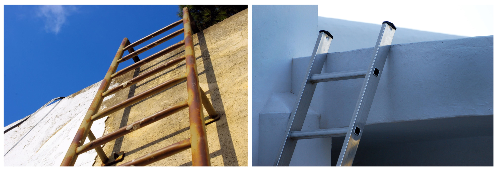 Na ilustracji znajdują się dwa ułożone obok siebie zdjęcia przedstawiające drabiny. Lewe przedstawia zardzewiałą drabinę żelazną przytwierdzoną na stałe do fasady budynku, natomiast prawe błyszczącą i gładką drabinę aluminiową opartą o mur.