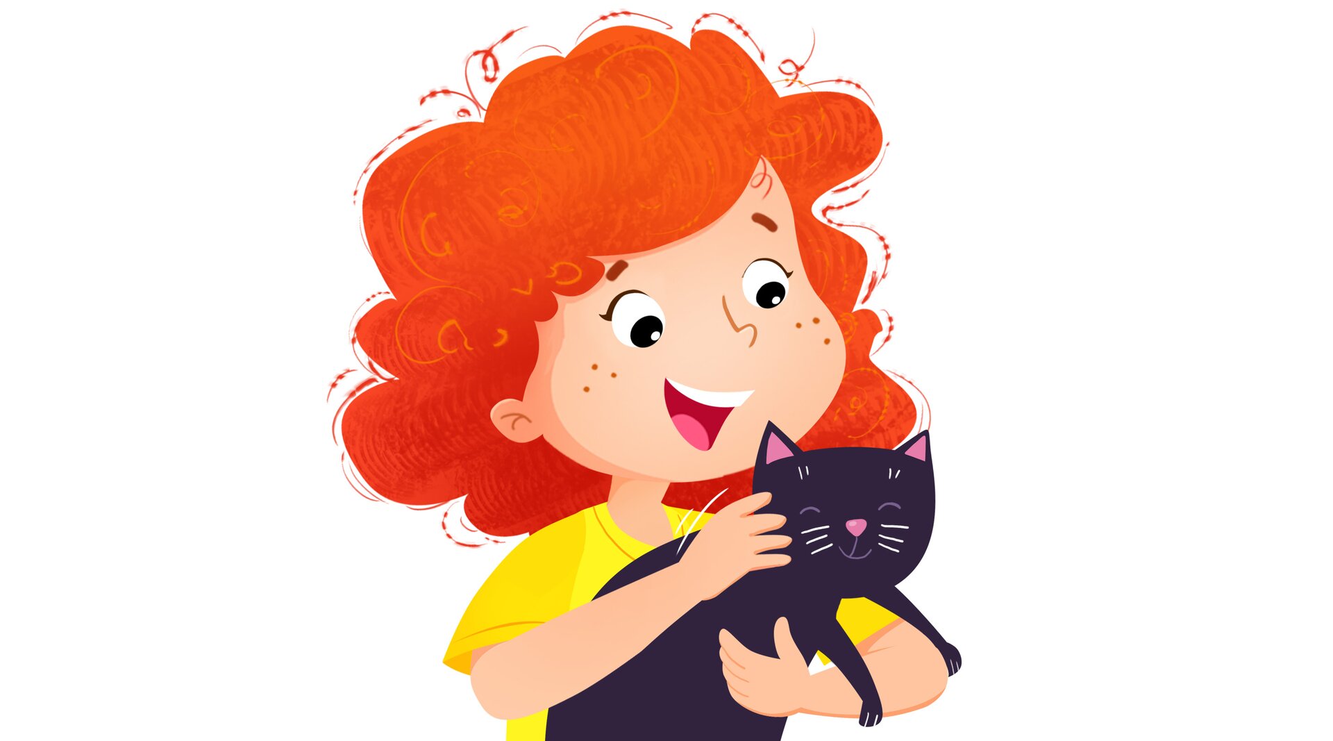 Ilustracja przedstawia Linę głaszczącą czarnego kota.