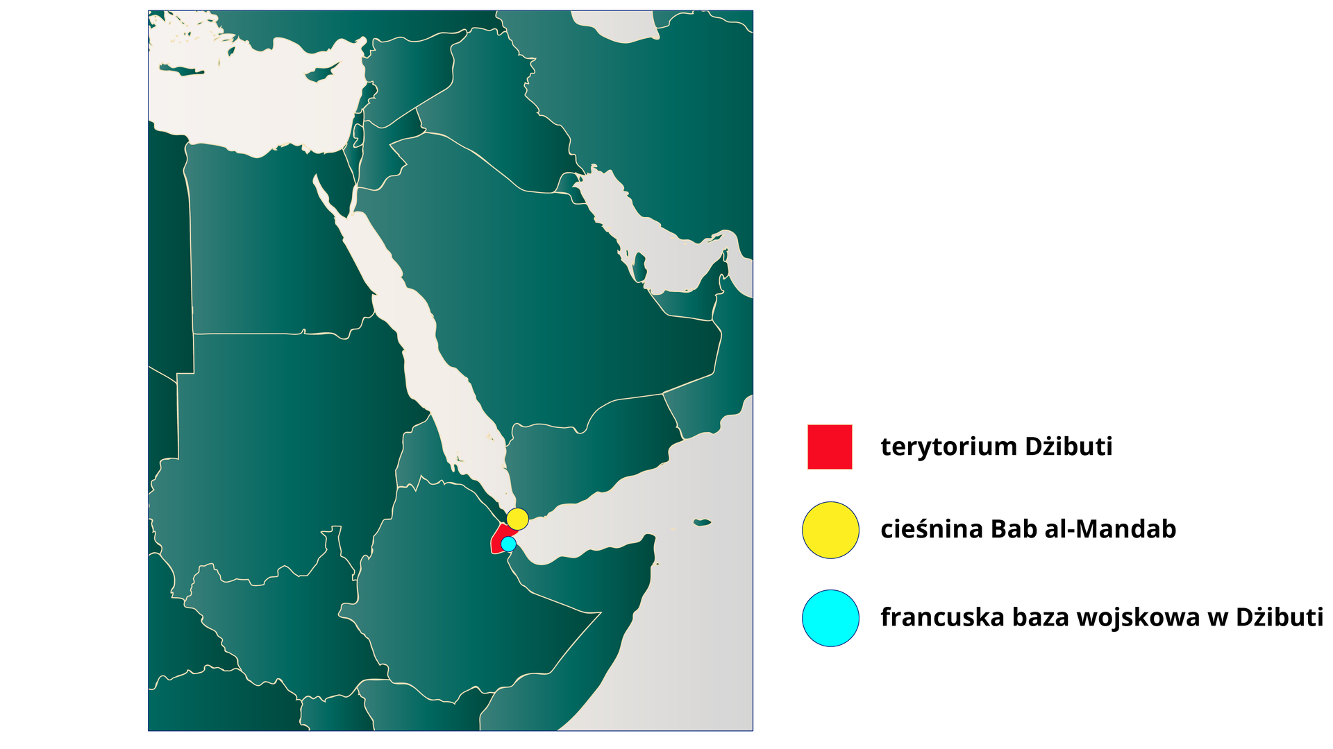 Na zdjęciu wycinek mapy Afryki z zaznaczonym terytorium Dżibuti, na którym znajduje się  oznaczona na żółto cieśnina Bab Al-Mandab, a na turkusowo francuska baza wojskowa w Dżibuti. 