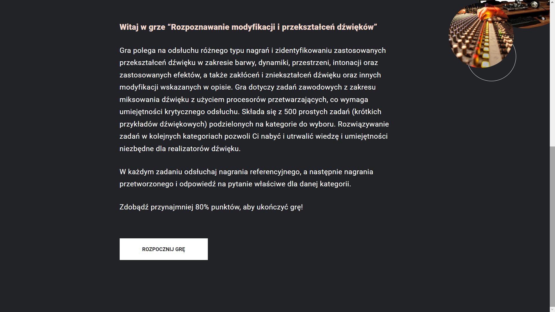 Grafika przedstawia wprowadzenie do gry edukacyjnej poniżej którego znajduje się przycisk rozpoczęcia gry. 